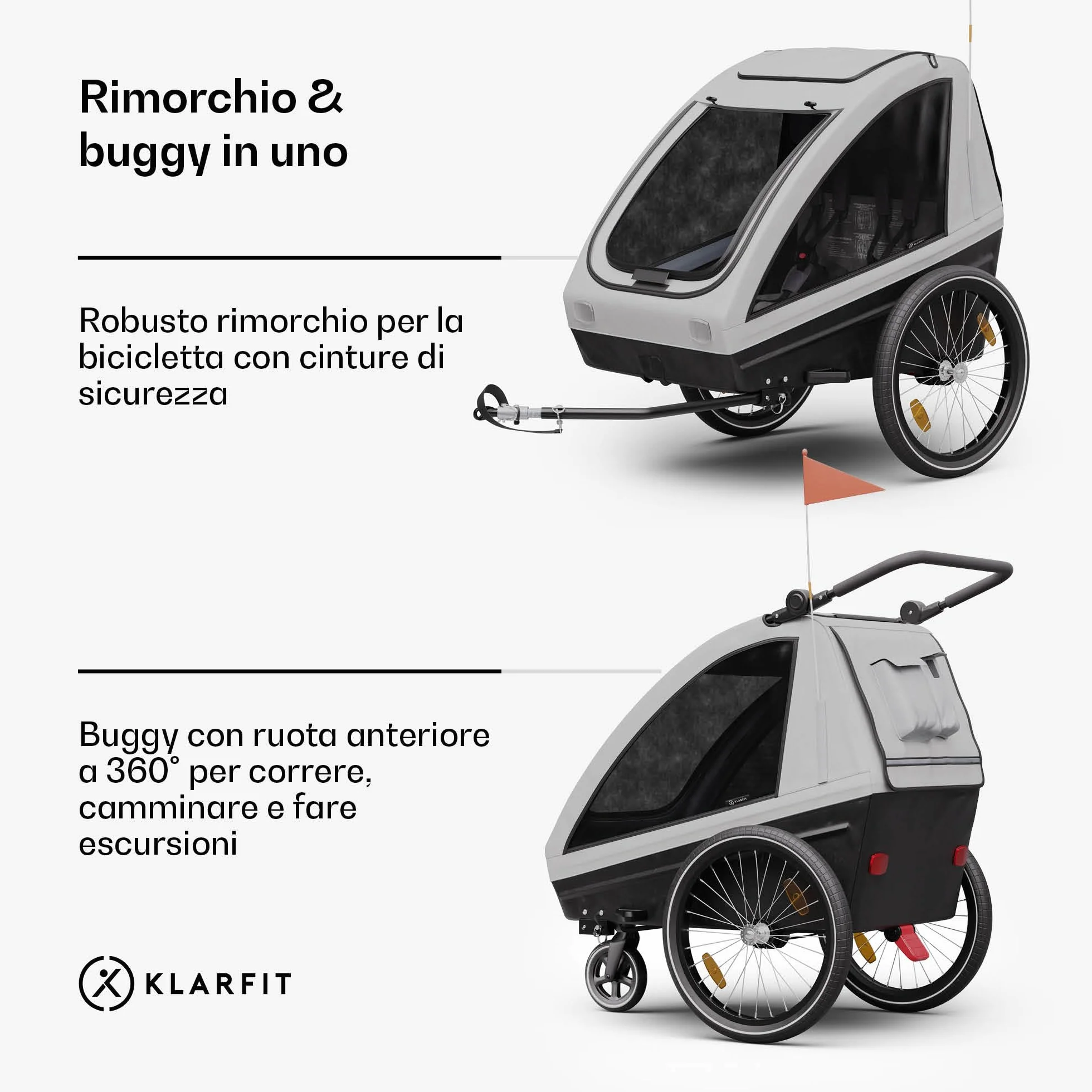 Klarfit GoKiddo Rimorchio per Bici 2in1 Carrello e Passeggino 40kg Pieghevole Grigio Chiaro