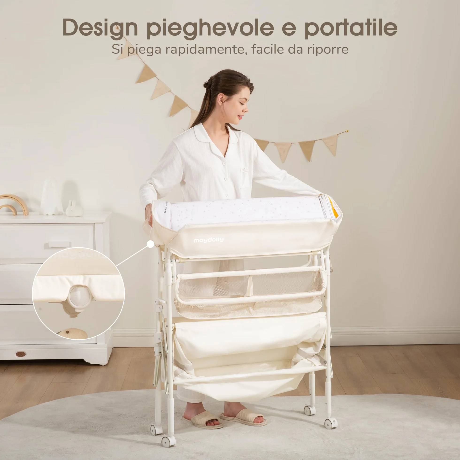 Maydolly Fasciatoio Portatile Pieghevole Neonato Altezza Regolabile Ruote Bloccabili 2 Cestelli Materassino Impermeabile Beige