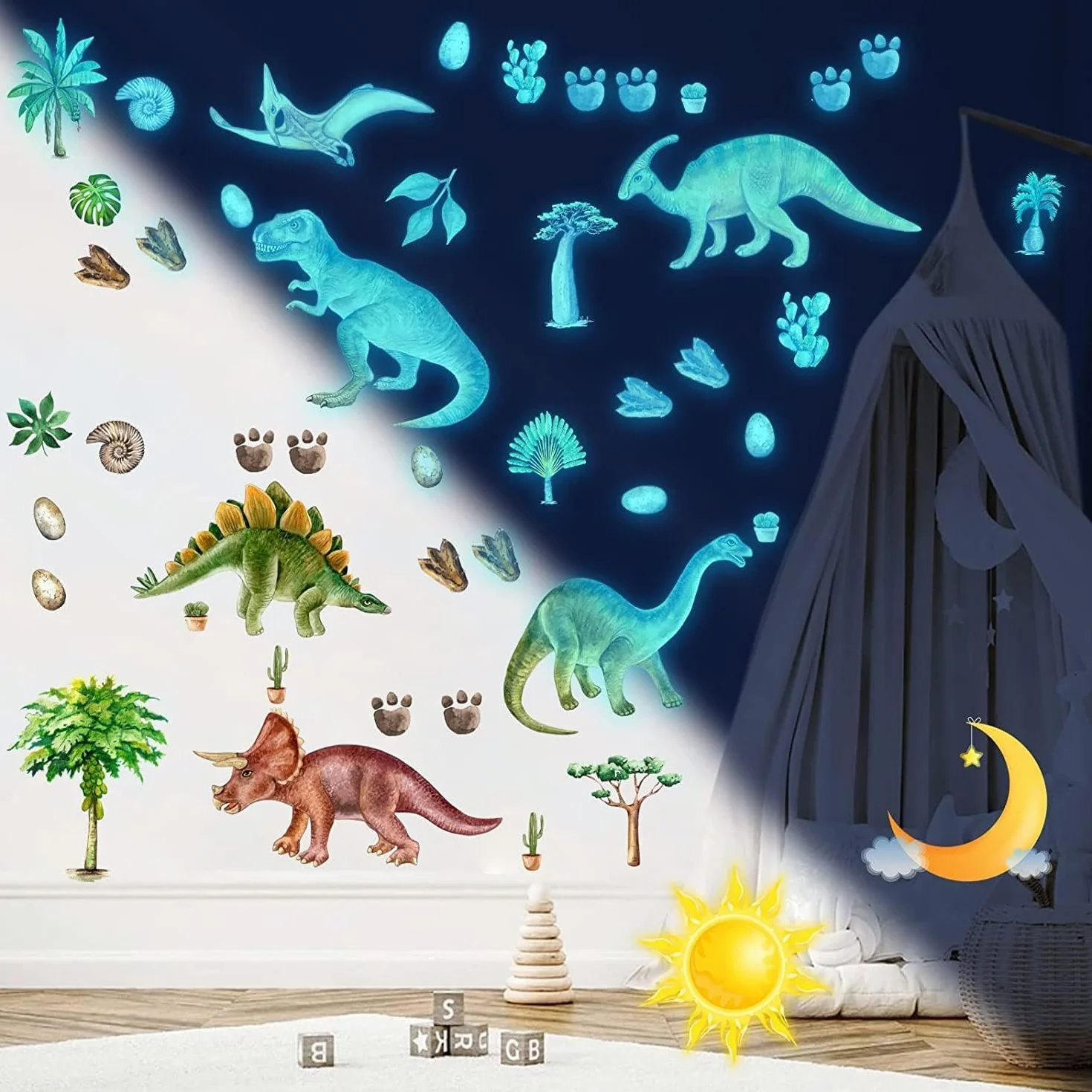 Naklejka ścienna z dinozaurami świecącymi, niebieska, do pokoju dziecięcego