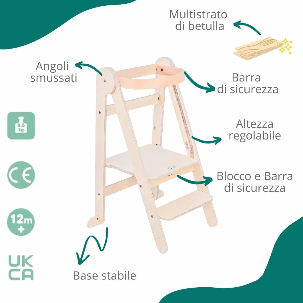 Mamatoyz 08FNAT Torre Montessoriana di Apprendimento Pieghevole Multiuso in Legno Naturale di Betulla con 2 Altezze Regolabili