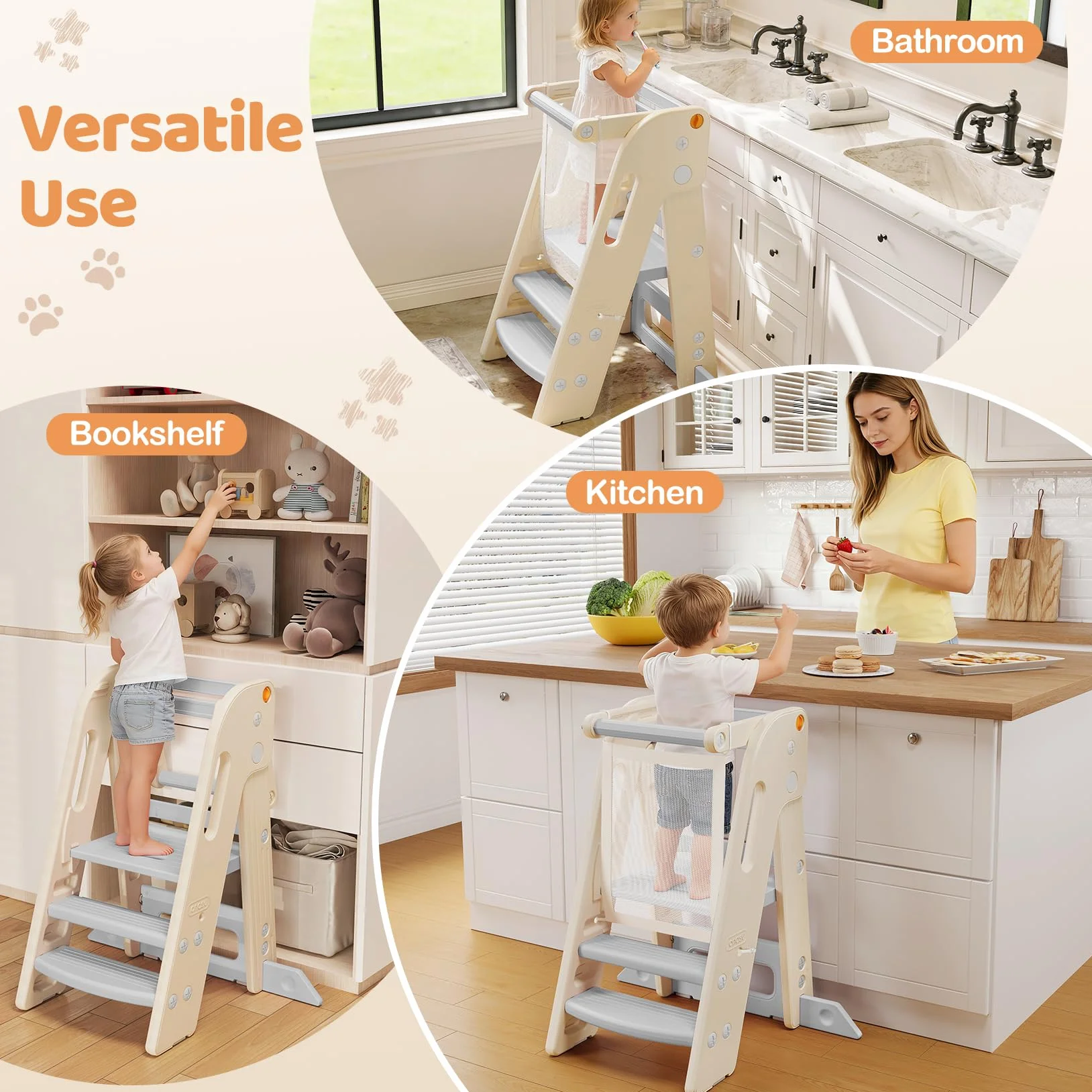 Torre Montessoriana Pieghevole Regolabile Altezza Learning Tower Antiscivolo Anti-Ribaltamento Bianco 1-6 Anni