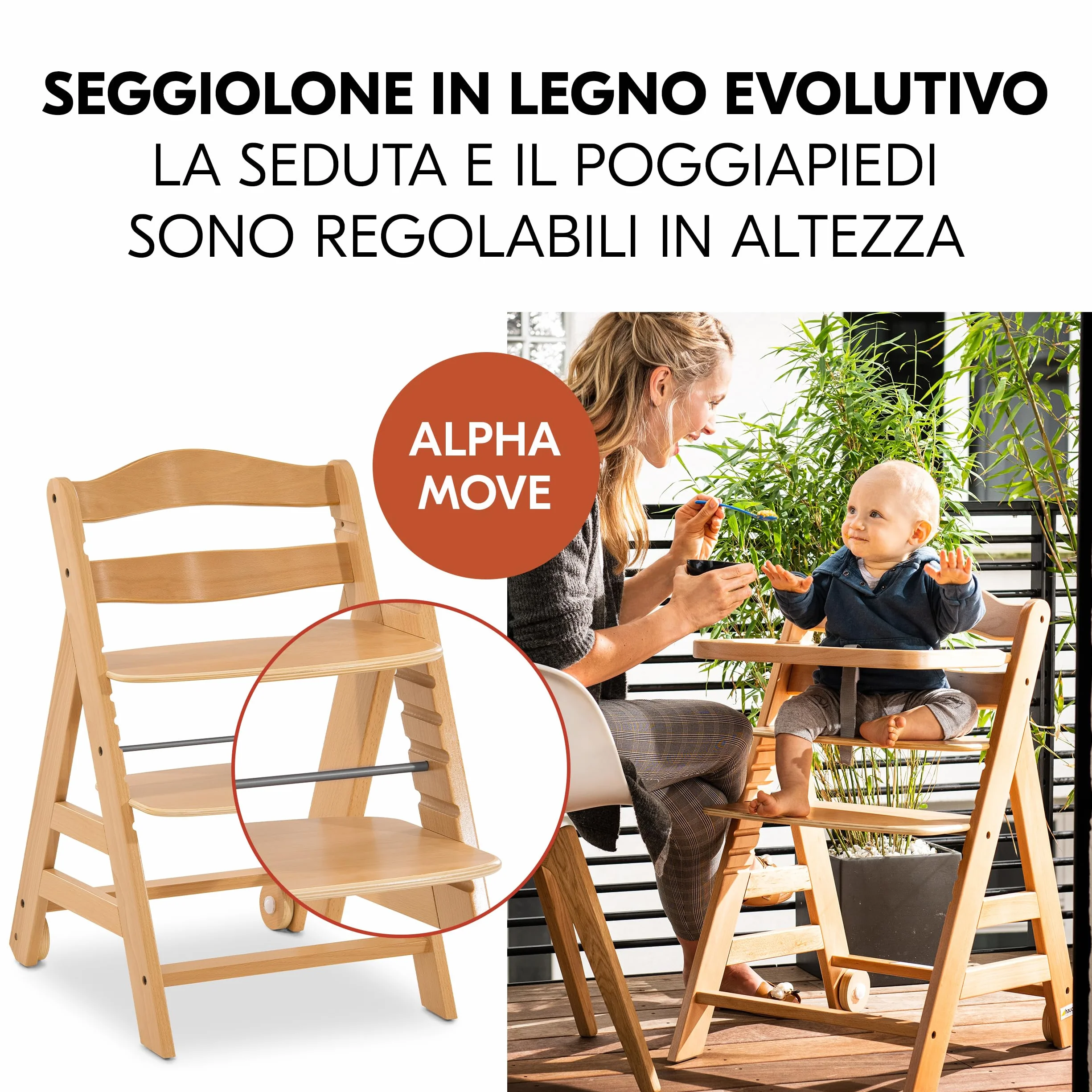 hauck Seggiolone Set Alpha+ Move - Sedia Evolutiva Legno con Ruote, Vassoio e Cuscino - 2 Piatti in Silicone - Legno/Mint