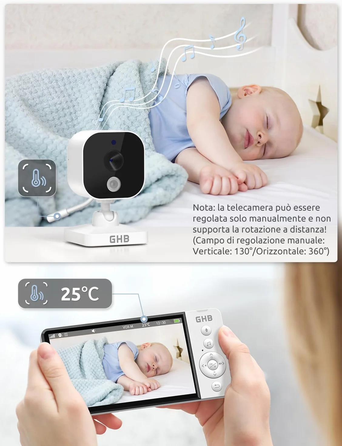 Baby Monitor Video Audio 5" Schermo IPS 5000mAh Visione Notturna Sensore Temperatura VOX Ninnananna