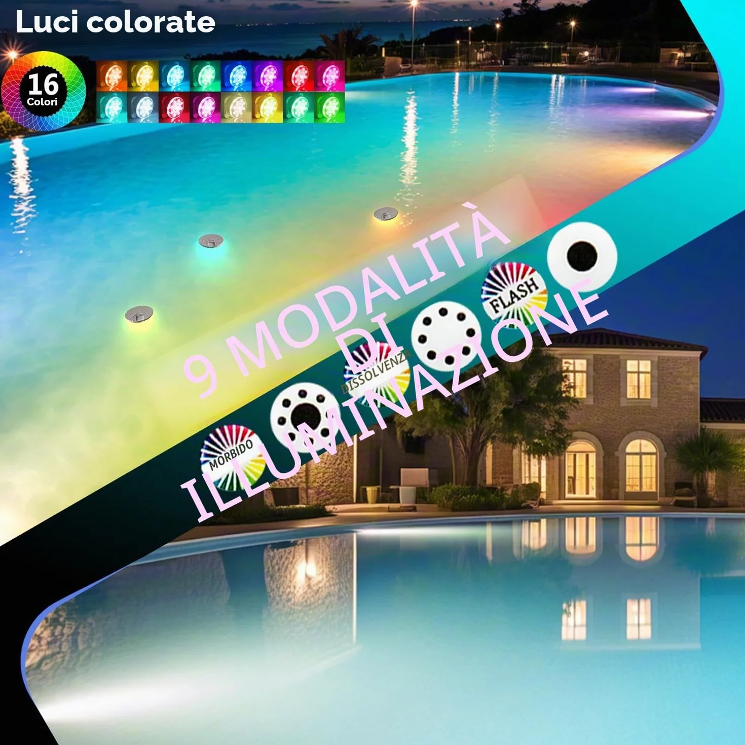 Idyl Light Luci sommergibili ricaricabili per piscina, con telecomando e funzionamento a batteria, LED colori vari, magnetizzate, luci galleggianti