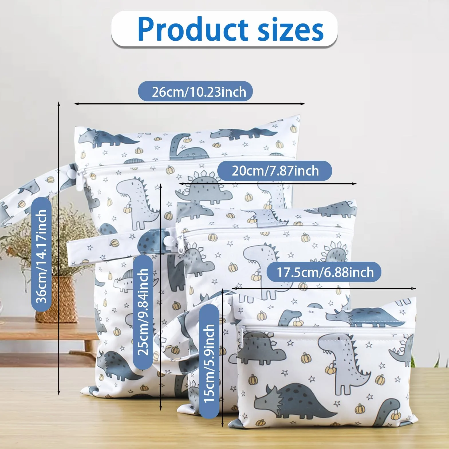 Wet Bag Borsa Pannolini Impermeabile 3 Pezzi Dinosauri con Zip da Appendere per Viaggio Passeggino