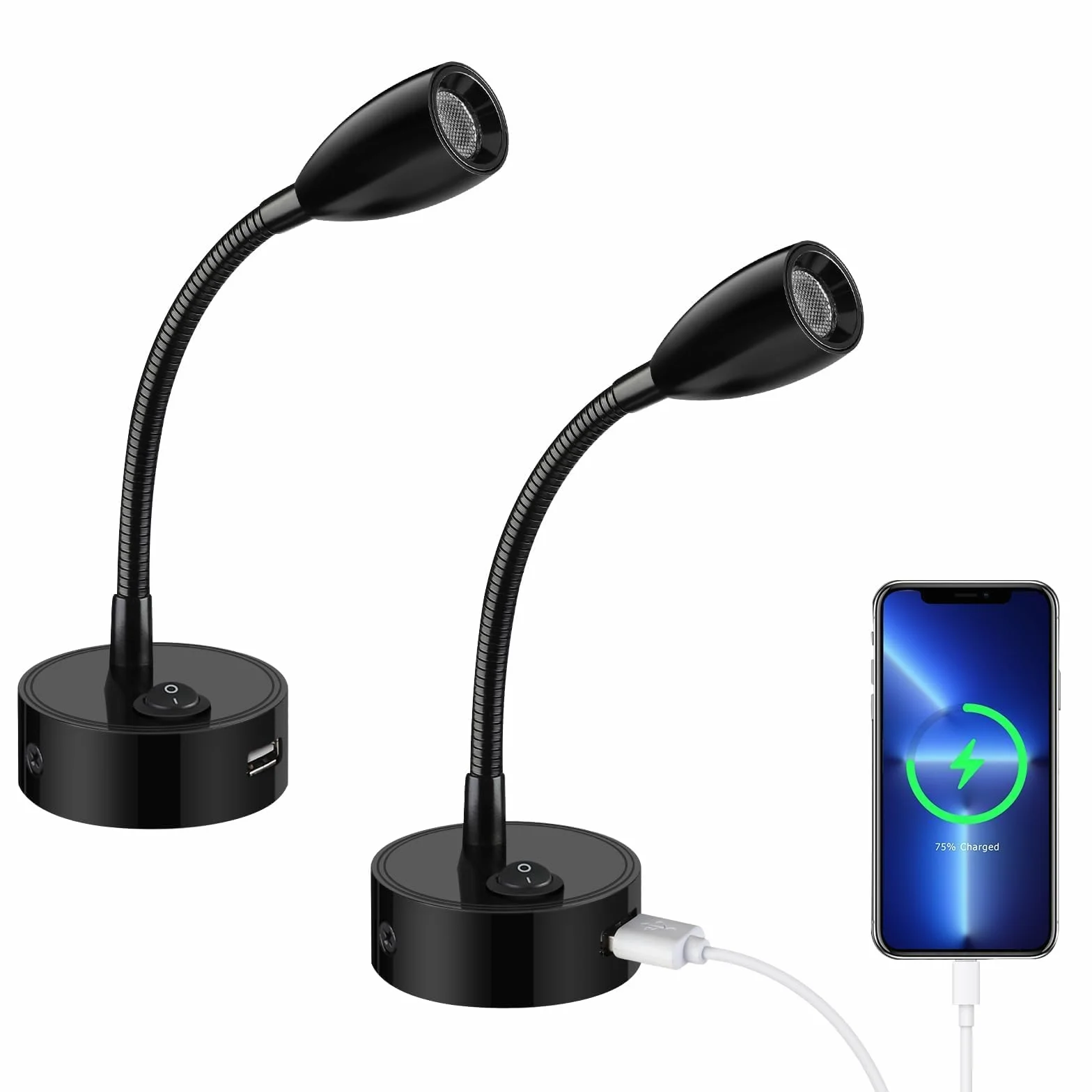 ERWEY 2er LED lampada da lettura 12V camper, lampada da parete 3W 3000K lampada da letto con collo d'oca flessibile e porta di ricarica USB per barca, auto, Van Caravan illuminazione interna, nero