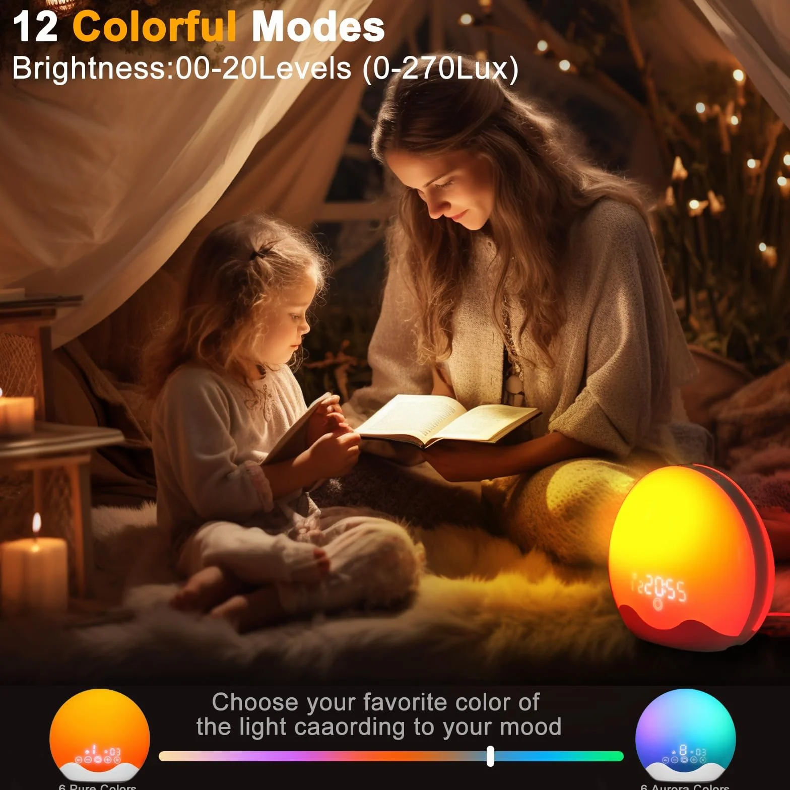 Sveglia luminosa, alba e tramonto, radio FM, 5 suoni naturali, 2 allarmi, snooze, 12 luci colorate, 20 luminosità, lampada da comodino per bambini
