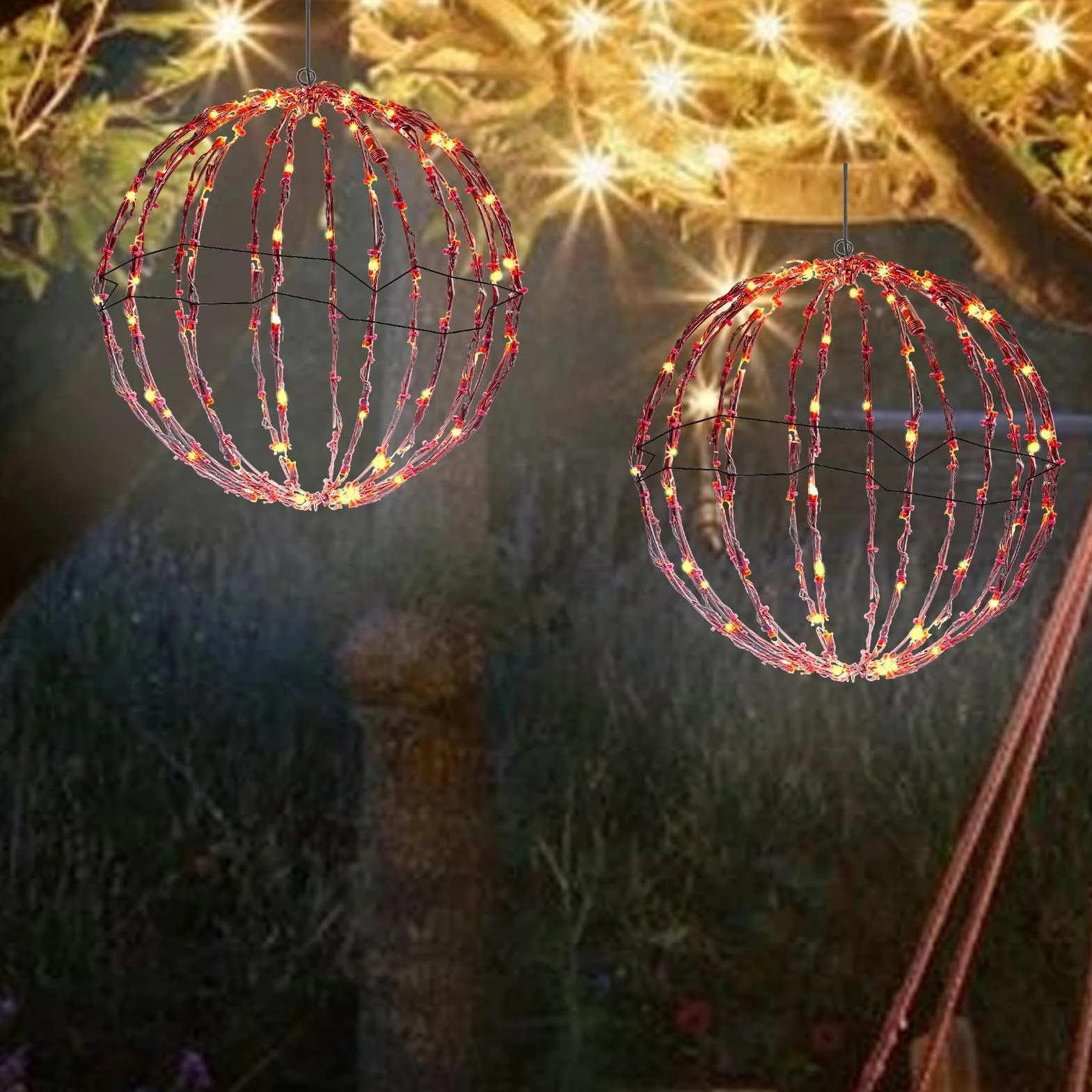 Luci a Sfera LED di Natale, Luce Sospesa Esterna, Metallo Pieghevole per Giardino, Globi Luminosi per Casa e Feste
