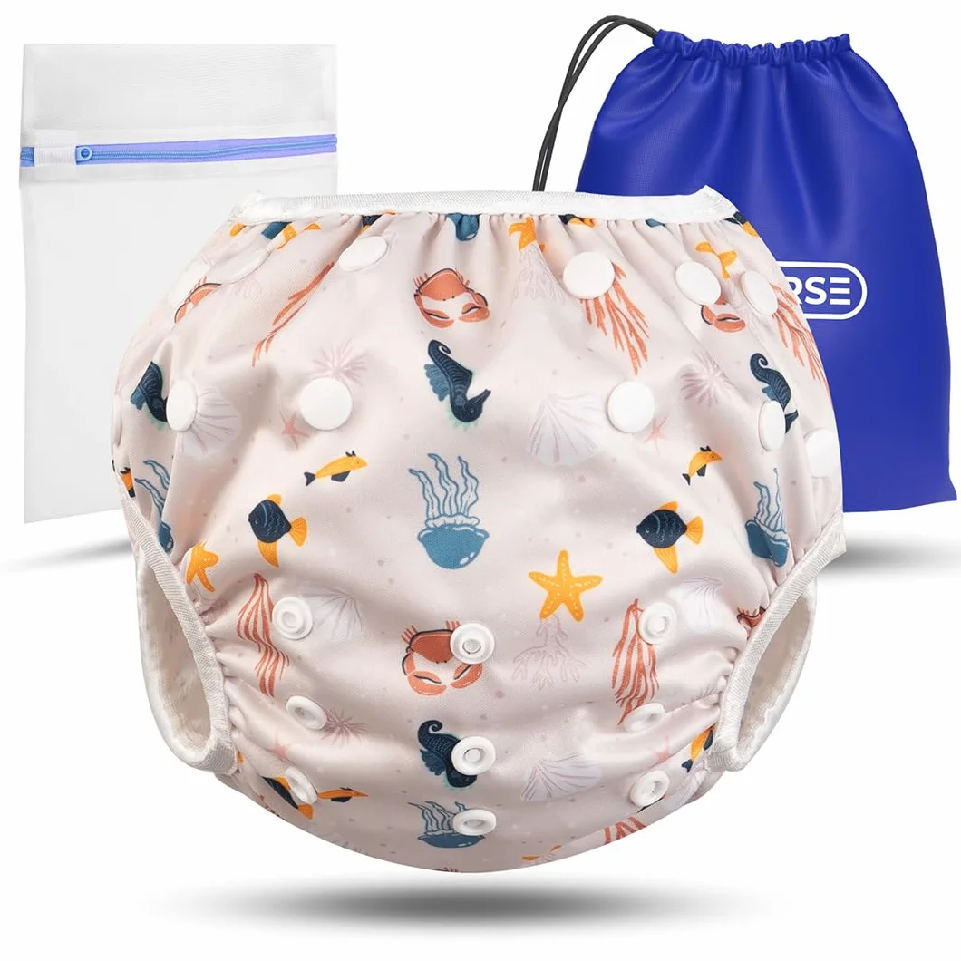KIDVERSE pannolini acquatici baby costume da bagno 0–3 anni – pannolino piscina neonato regolabile con borsa e rete per lavaggio