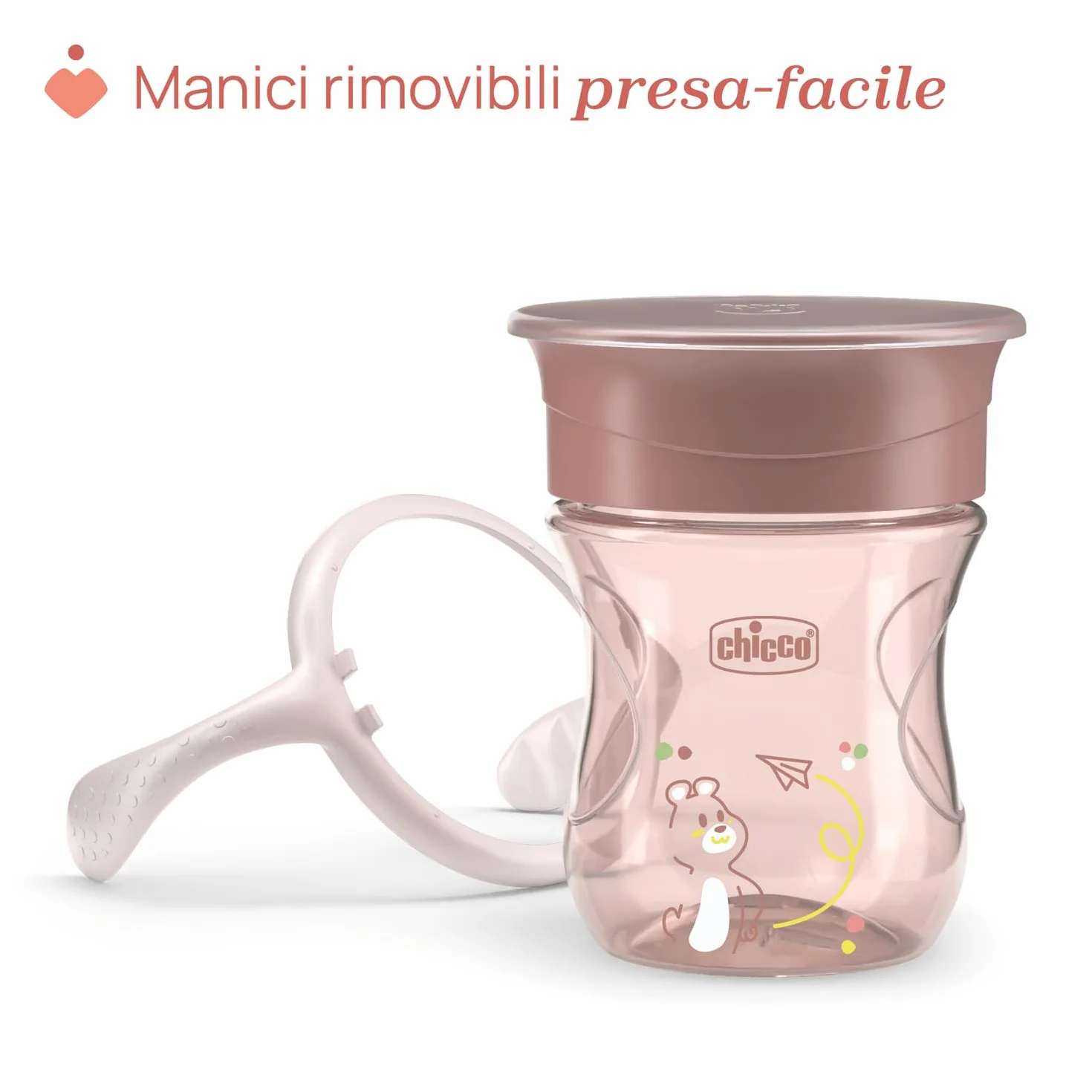 Chicco Perfect Cup Bicchiere per Bambini 200 ml, 1 Tazza Biberon 12+ Mesi, Membrana Silicone 360°, Manici Rimovibili, Senza BPA, Rosa