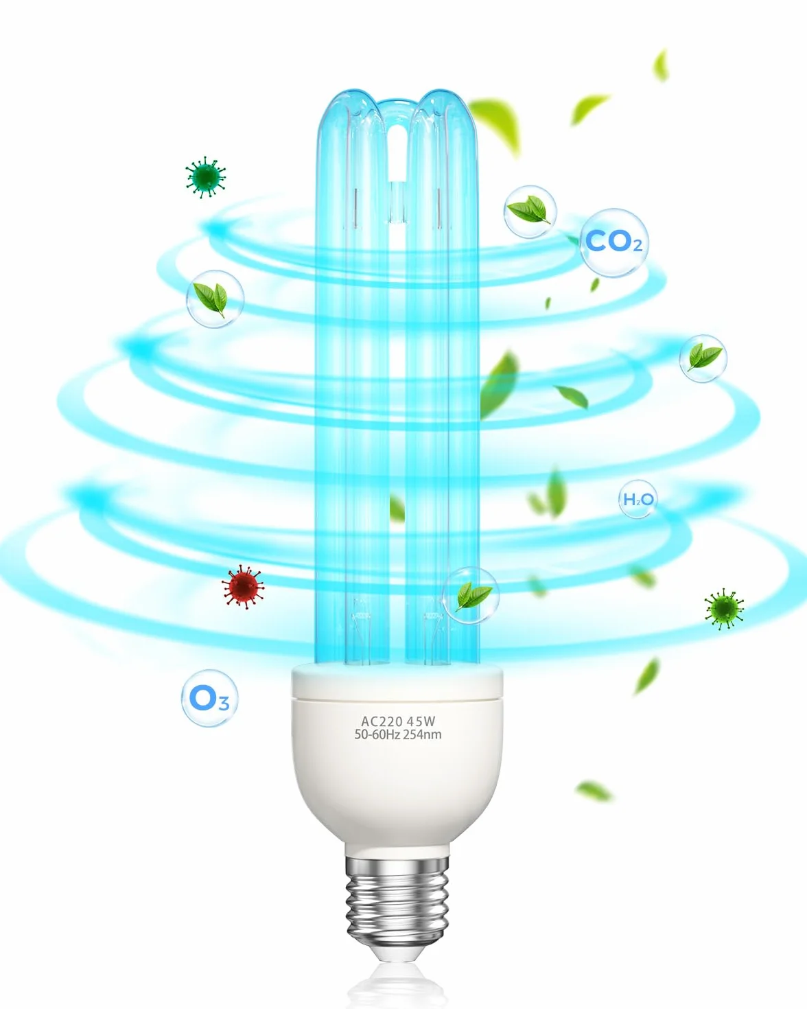 Lampada UV Ozono 55W Lampada Germicida Raggi UVC E27 254nm con Tubo al Quarzo Brine Ozono Contro Batteri Virus e Acari AC220-240V per Case, Lavatoi, Uffici, Ristoranti e Scuola Aria fresca
