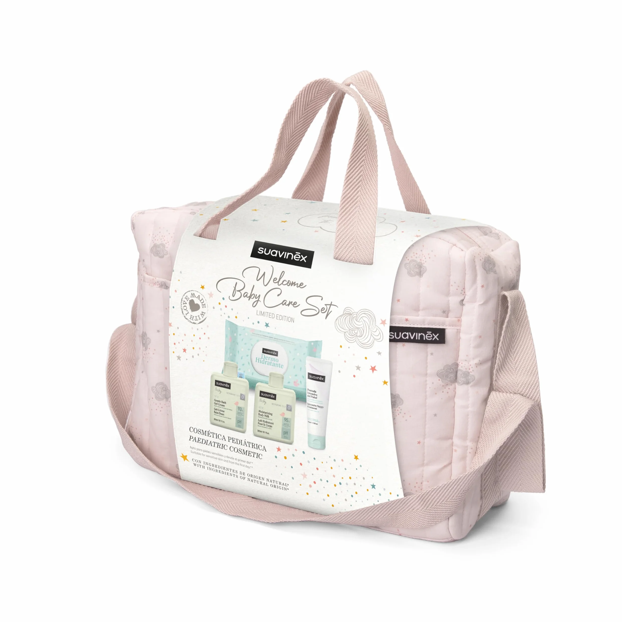 Suavinex Borsa cambio bambino con cosmetici Gel detergente delicato 300 ml Latte idratante 300 ml Crema cambio 75 ml Salviette 60 unità Regalo nascita rosa