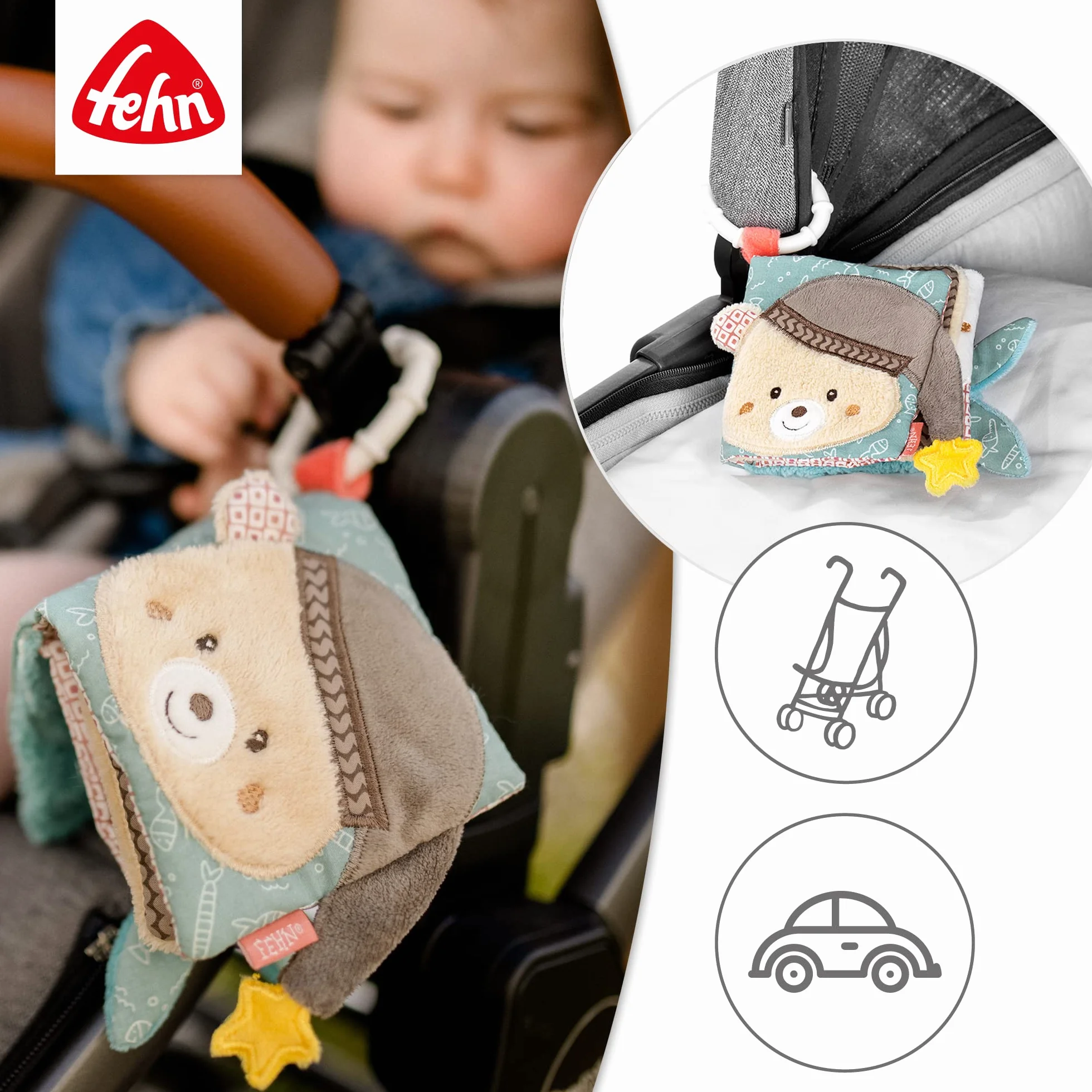 Fehn libro di stoffa Bruno - libro tattile animali - giocattolo da appendere passeggino seggiolino auto neonati 0+ mesi