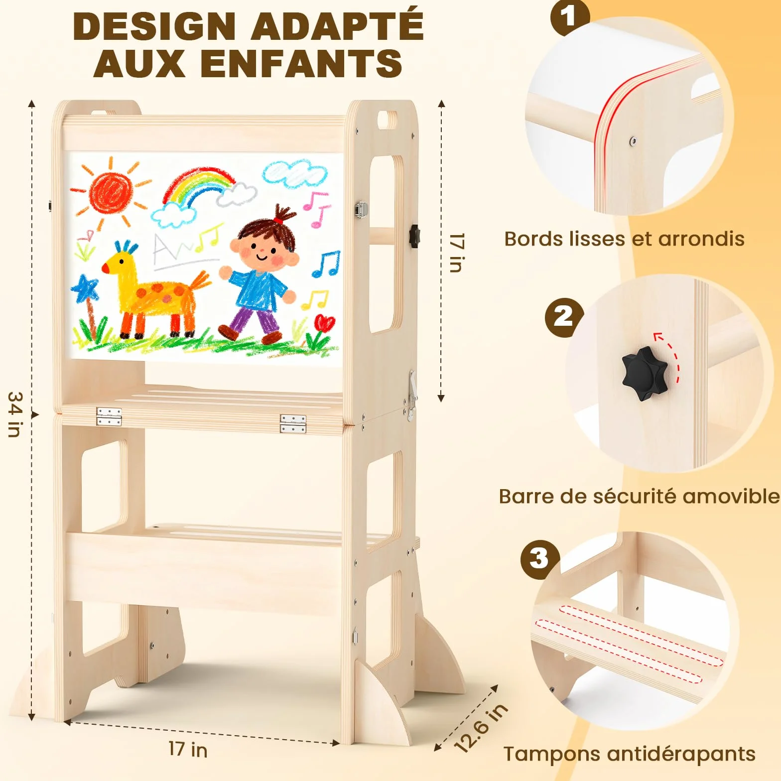 Torre Montessoriana 4 in 1 Pieghevole per Bambini da 1 Anno con Lavagna e Lavagna Bianca, Regalo 1-3 Anni