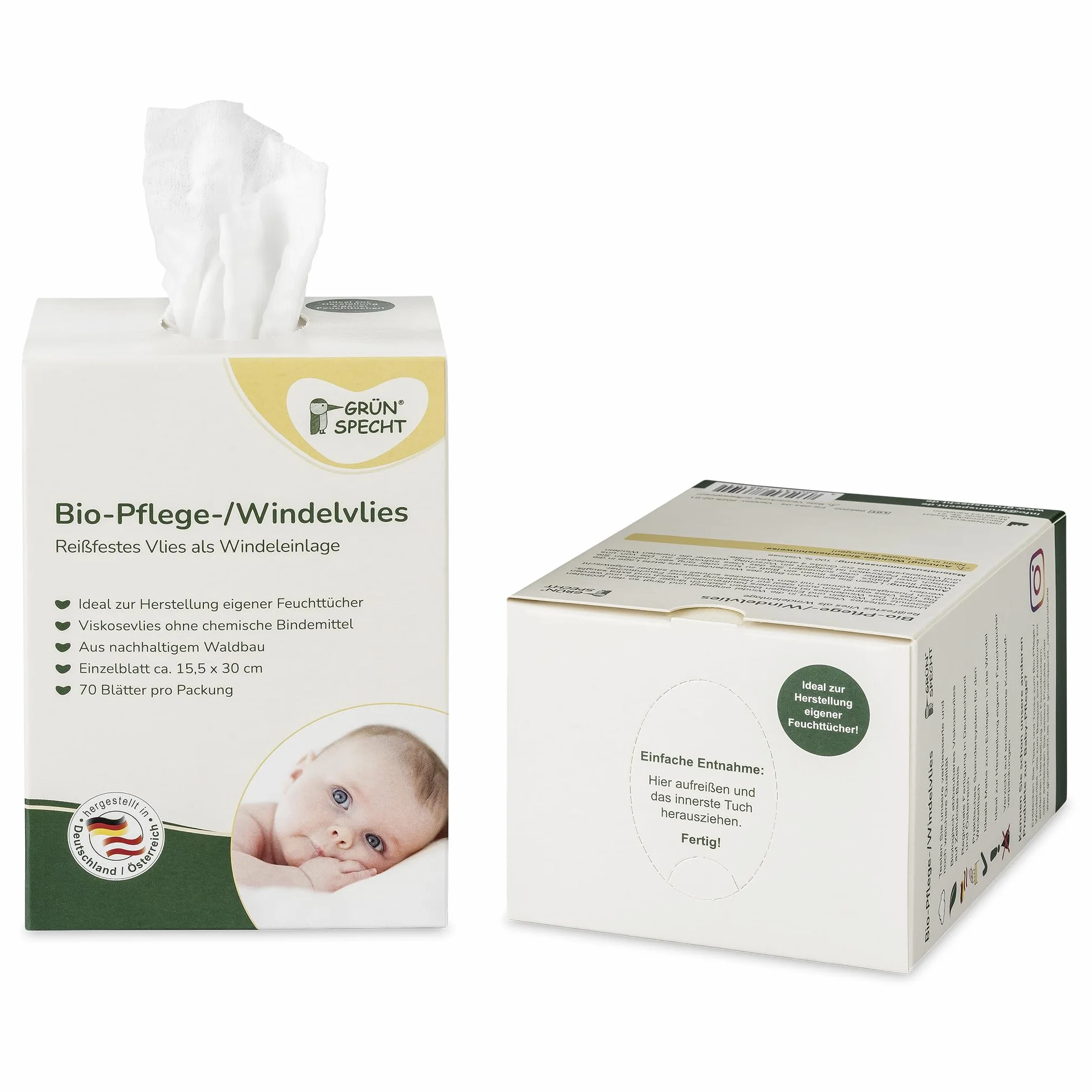 GRÜNSPECHT Tessuto non tessuto biologico per pannolini, 100% biodegradabile, assorbente, 70 fogli (699-00)