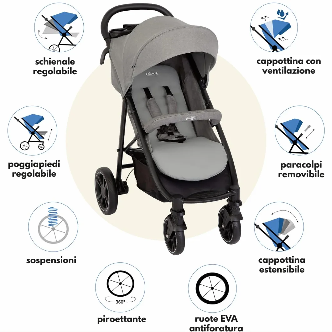 Graco Passeggino Leggero EezeFold DLX, Passeggino da Viaggio con Chiusura a Una Mano, Sospensioni a 4 Ruote, Reclinabile, Cestello Ampio – Grigio Lunare