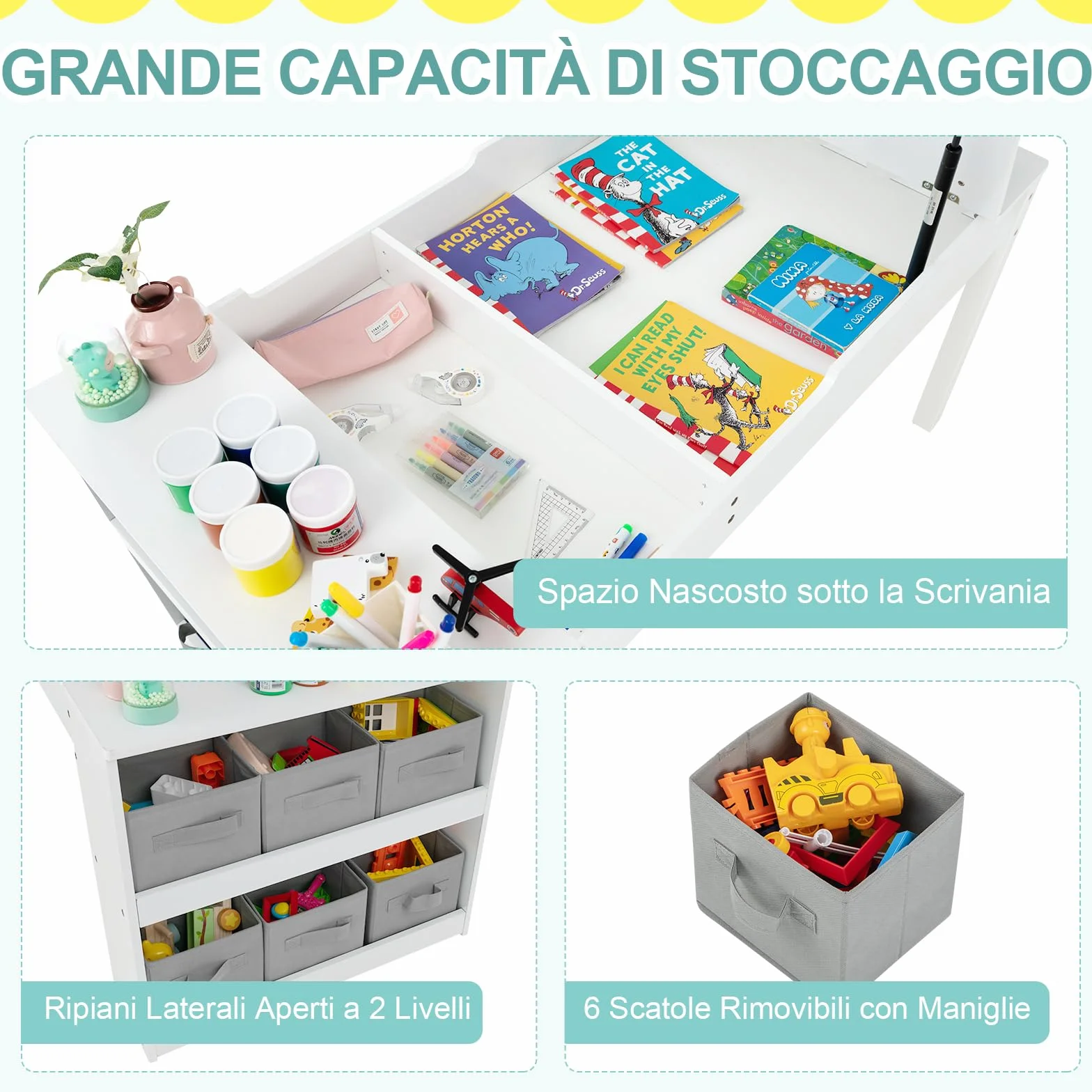 RELAX4LIFE Tavolo D'arte per Bambini con 2 Sedie, Legno, Piano Sollevabile, 6 Cassetti, 4 Tazze Pittura
