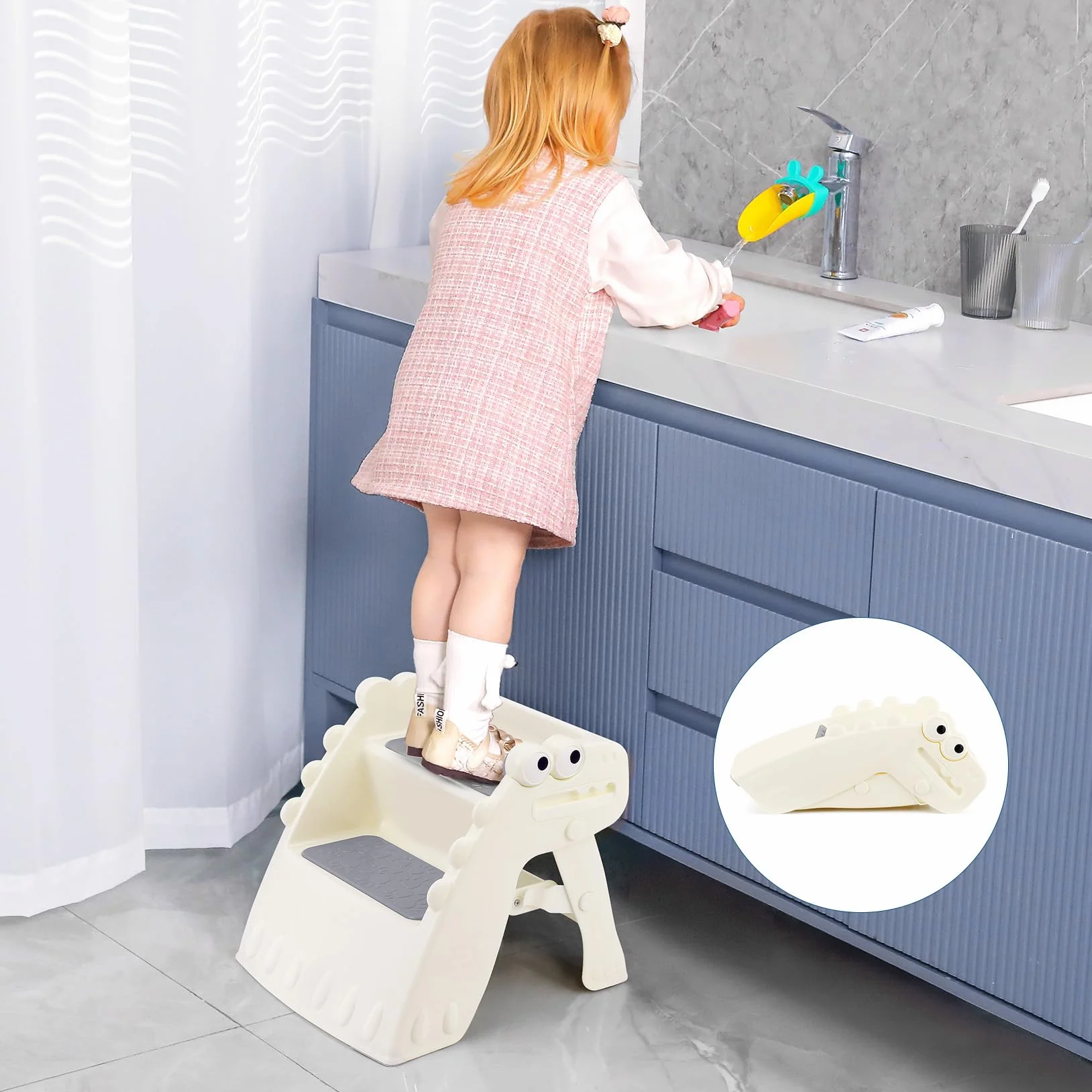 Onasti Sgabello pieghevole per bambini antiscivolo 2 gradini bagno cucina design dinosauro bianco