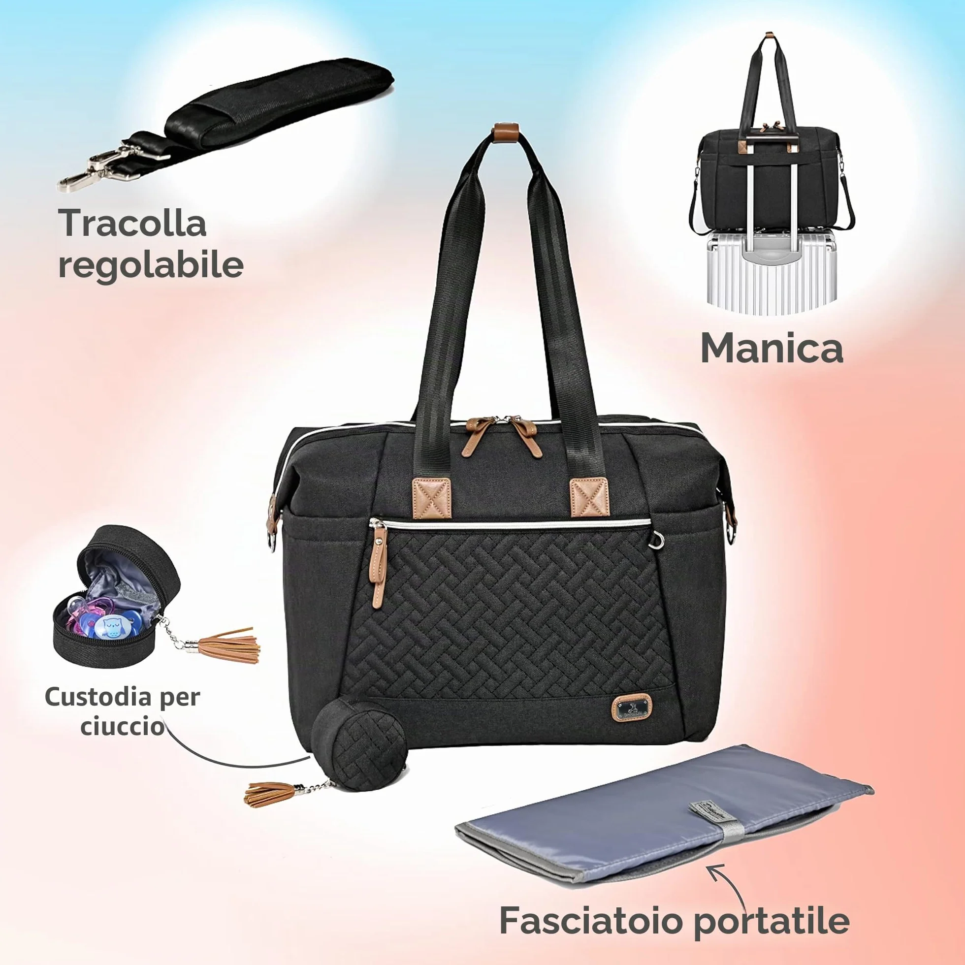 Borsa fasciatoio per neonati grande elegante da viaggio con porta ciuccio