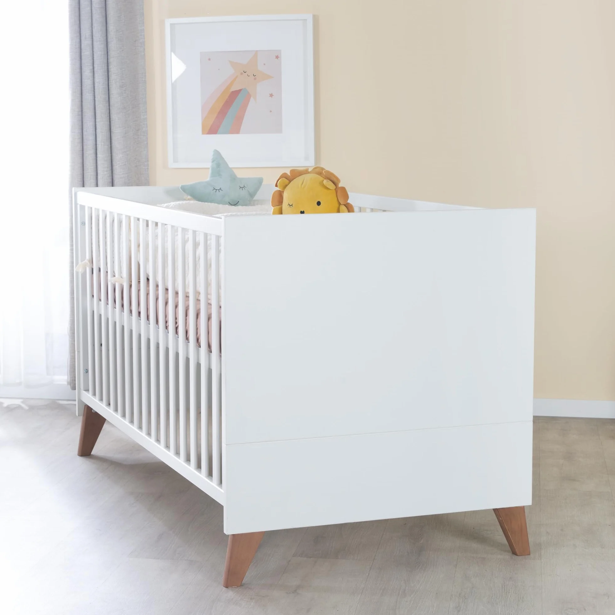 roba Set per cameretta bambini 3 pezzi Lettino 70x140 cm convertibile fasciatoio 3 cassetti armadio bambini Maniglie piedi legno massello Bianco rovere scuro