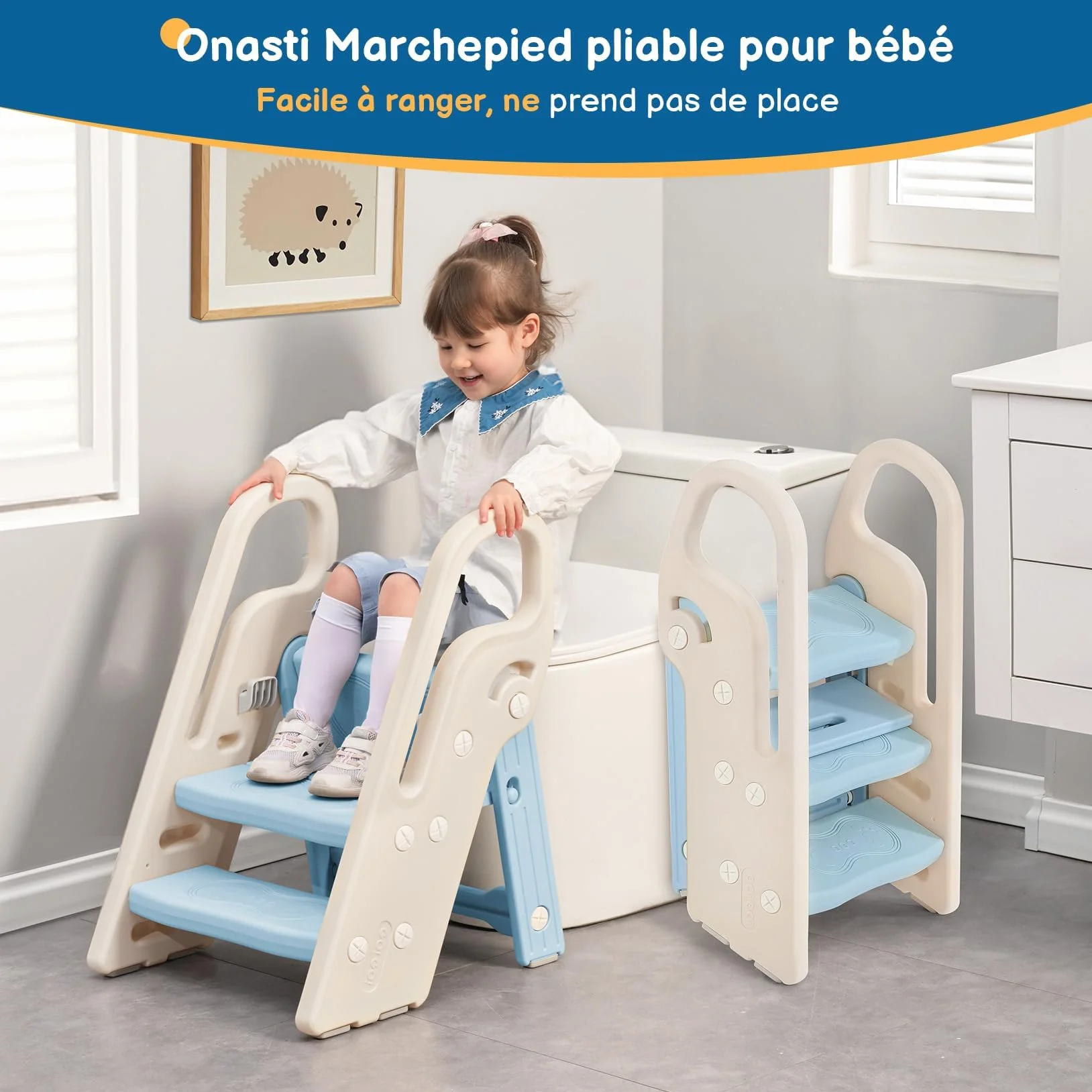 Onasti Sgabello a tre gradini pieghevoli per bambini, Scaletta 3 gradini, Sedile per Addestramento WC, Multifunzione, Regolabile in Altezza, Antiscivolo (Blu)