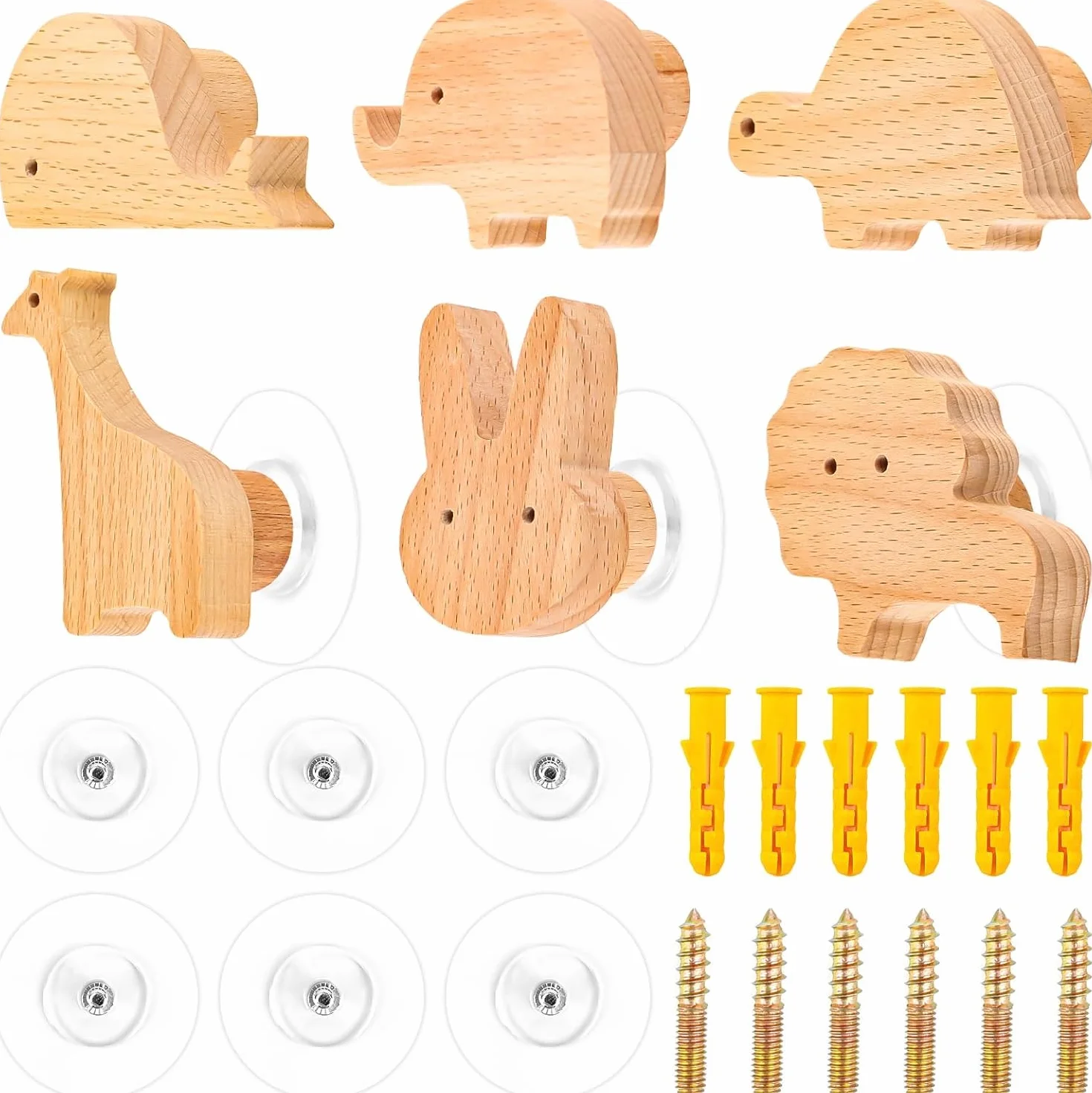 Ganci Appendiabiti per Bambini 6 Pezzi Autoadesivi in Legno con Animali Senza Foratura