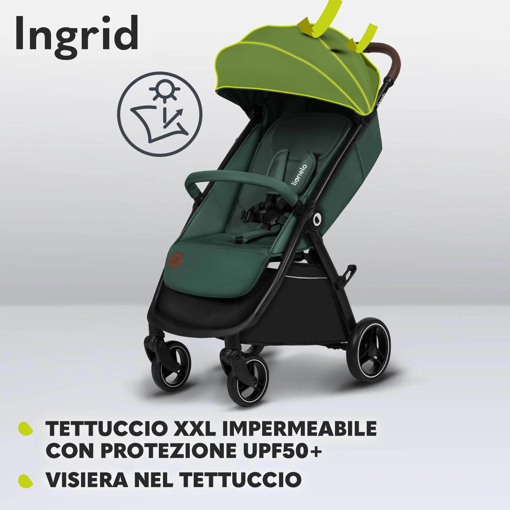 LIONELO INGRID Passeggino leggero per bambini 6 mesi 4 anni 22kg Grandi ruote 360° Schiuma EVA Assorbimento Pieghevole Schienale poggiapiedi regolabili