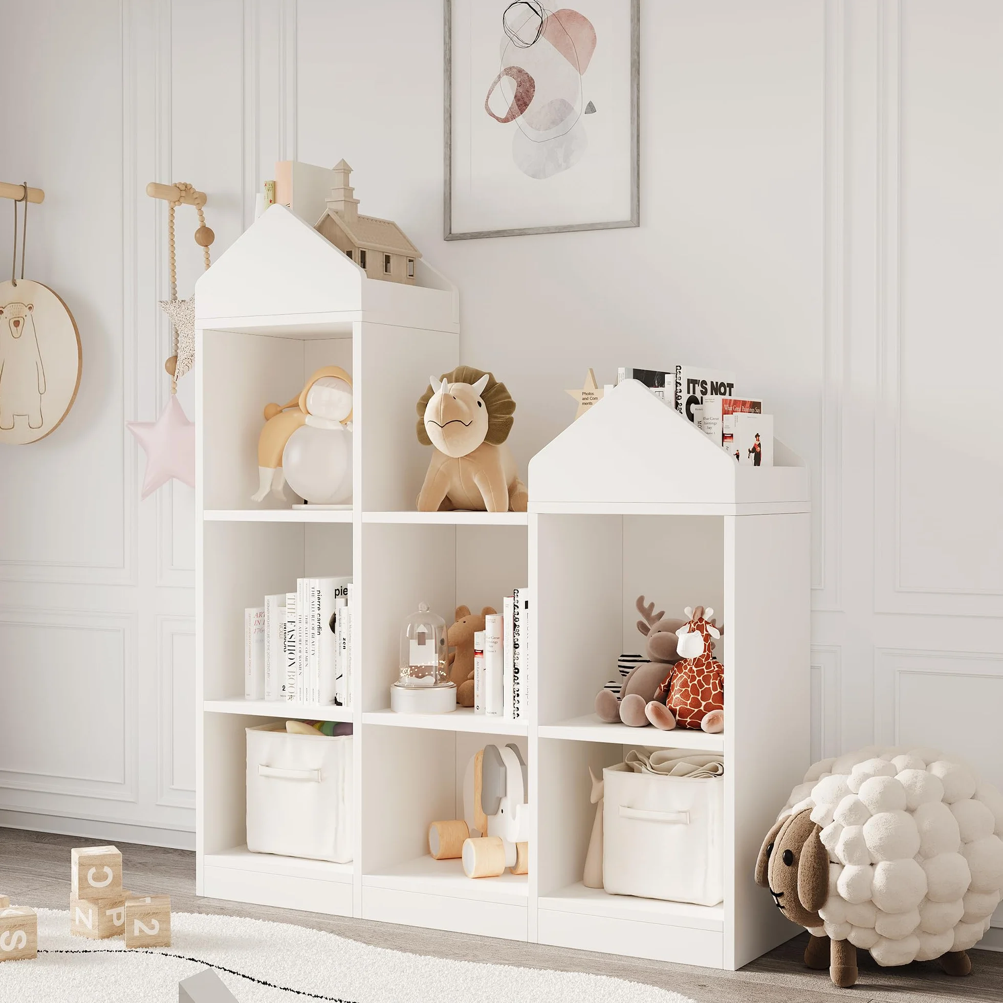 Litake Scaffale giocattoli bambini 9 scomparti 2 in 1 casetta libreria organizzatore bianco 92x30x108 cm