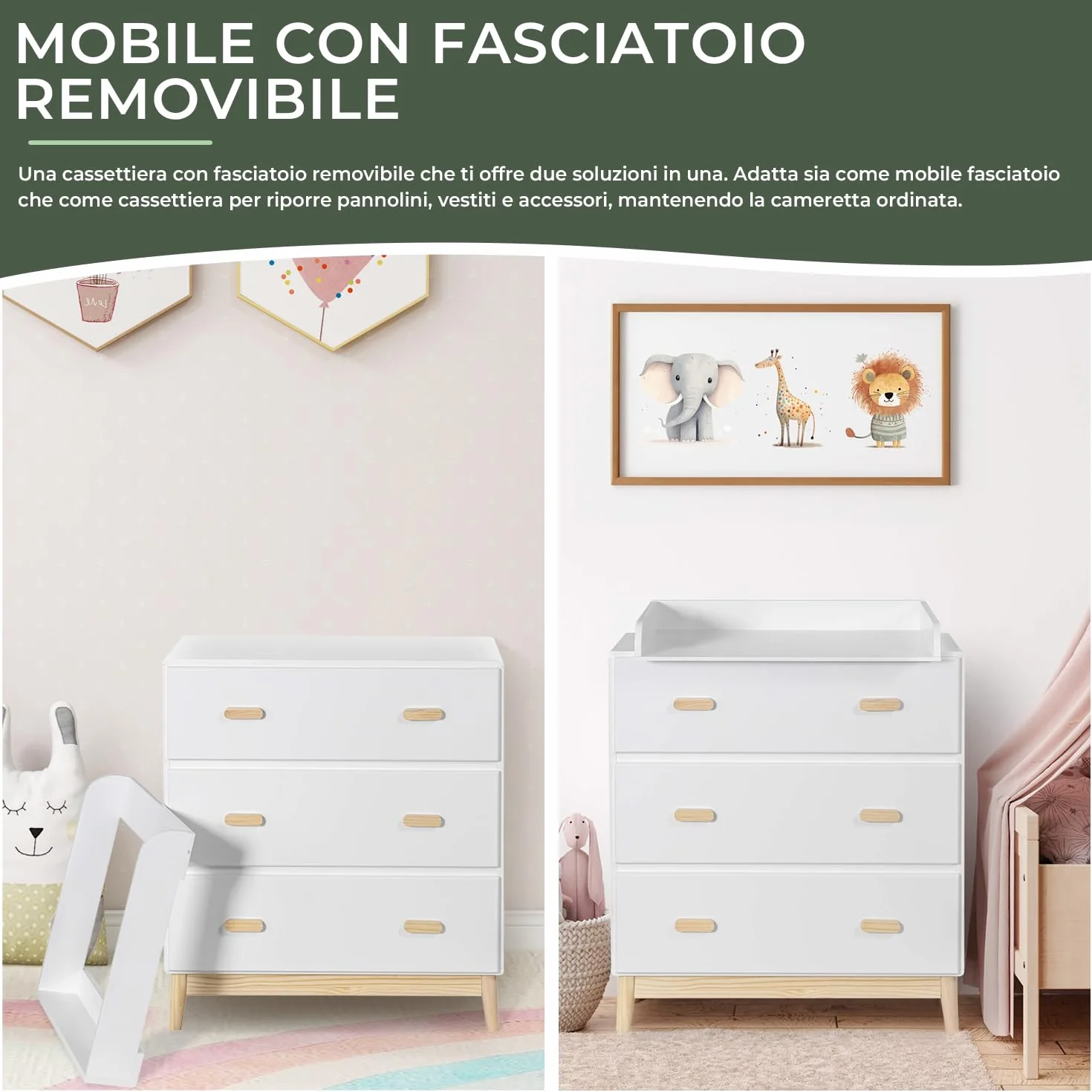 Rebecca Mobili Fasciatoio con Cassetti 3 Cassetti Bianco Marrone MDF Pino 100x80x42 cm