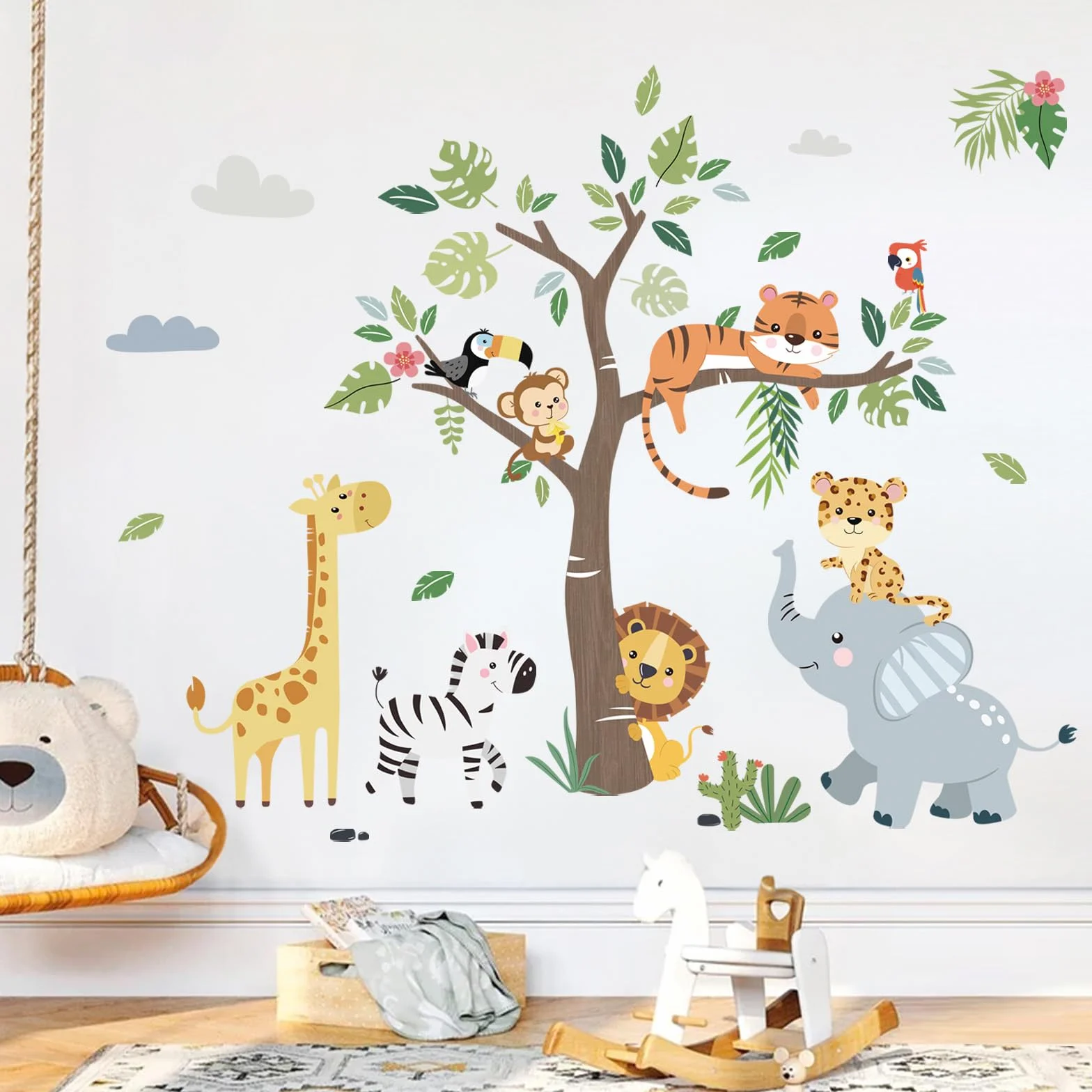 Decalmile Adesivi Murali Animali Giungla Safari Elefante Giraffa Leone Decorazione Murale Bambini