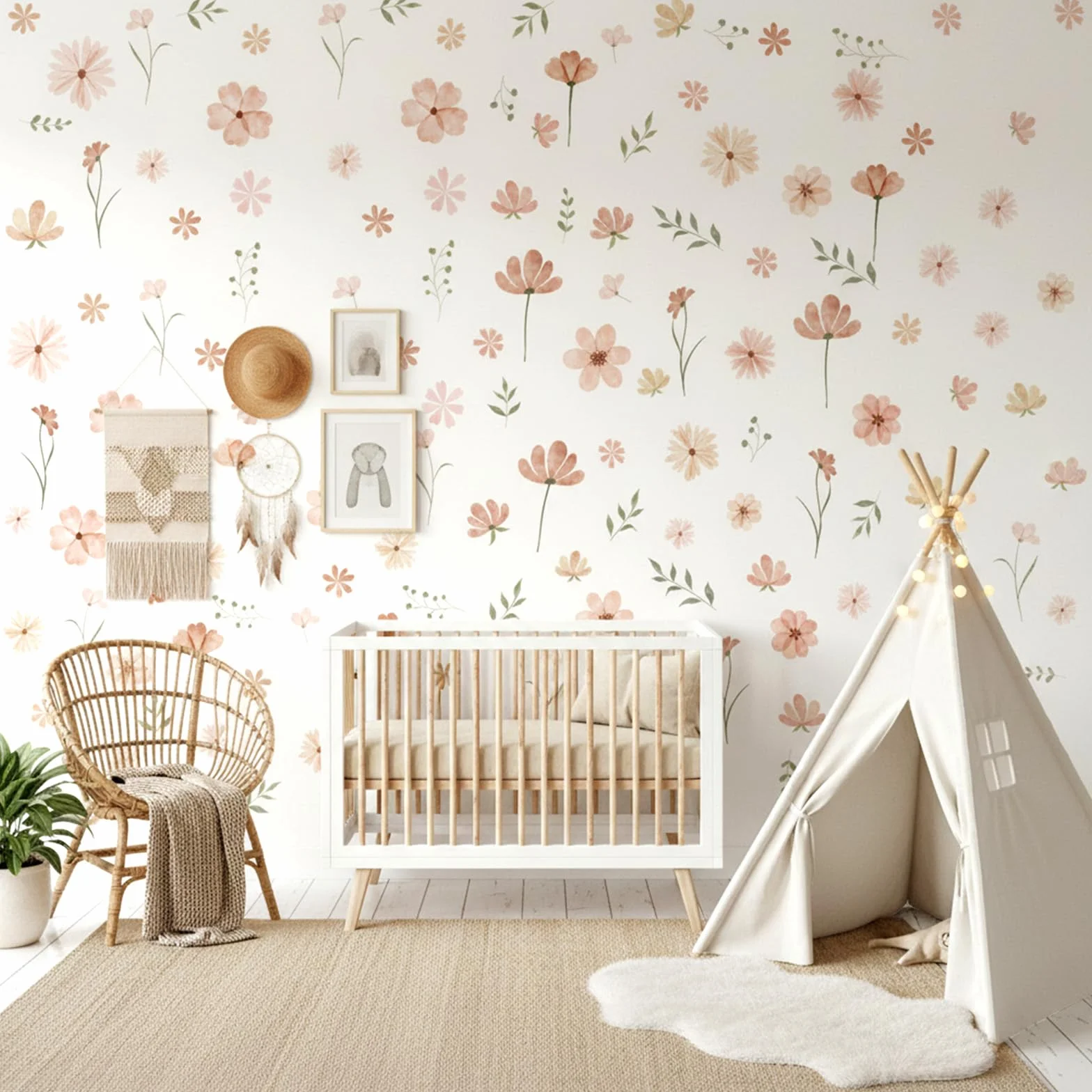 Boho Adesivi Murali Floreali 9 fogli con fiori, piccoli motivi piante per cameretta ragazze