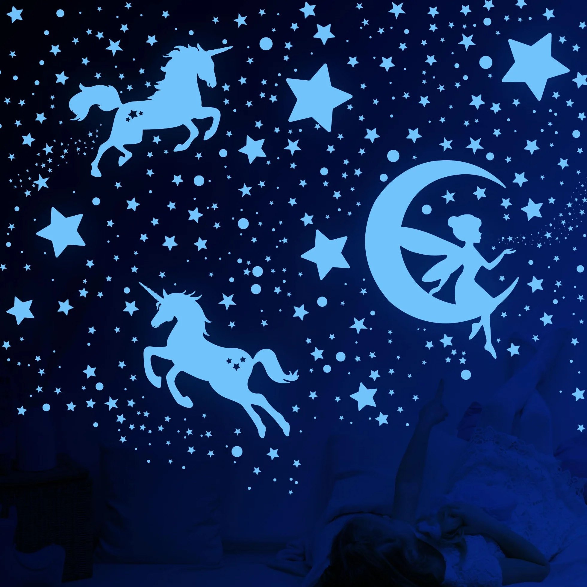 Adesivi Murali Fluorescenti Unicorno Stelle 585 Pezzi per Cameretta Bambine Soggiorno