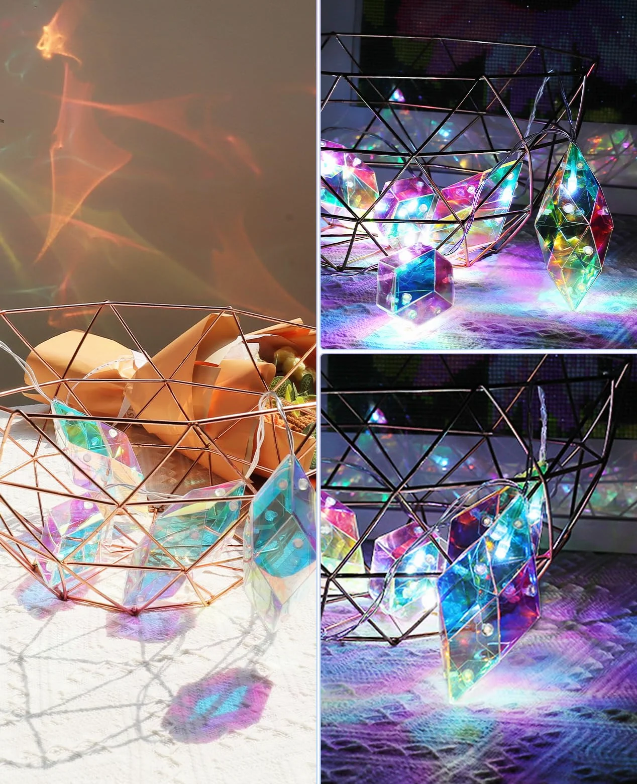 AceList Stringa di luci iridescenti per interni, 20 LED da 9,84 m, con batteria olografica e alimentazione USB, 8 modalità di illuminazione, luci di cristallo per matrimoni, Natale, feste, decorazioni
