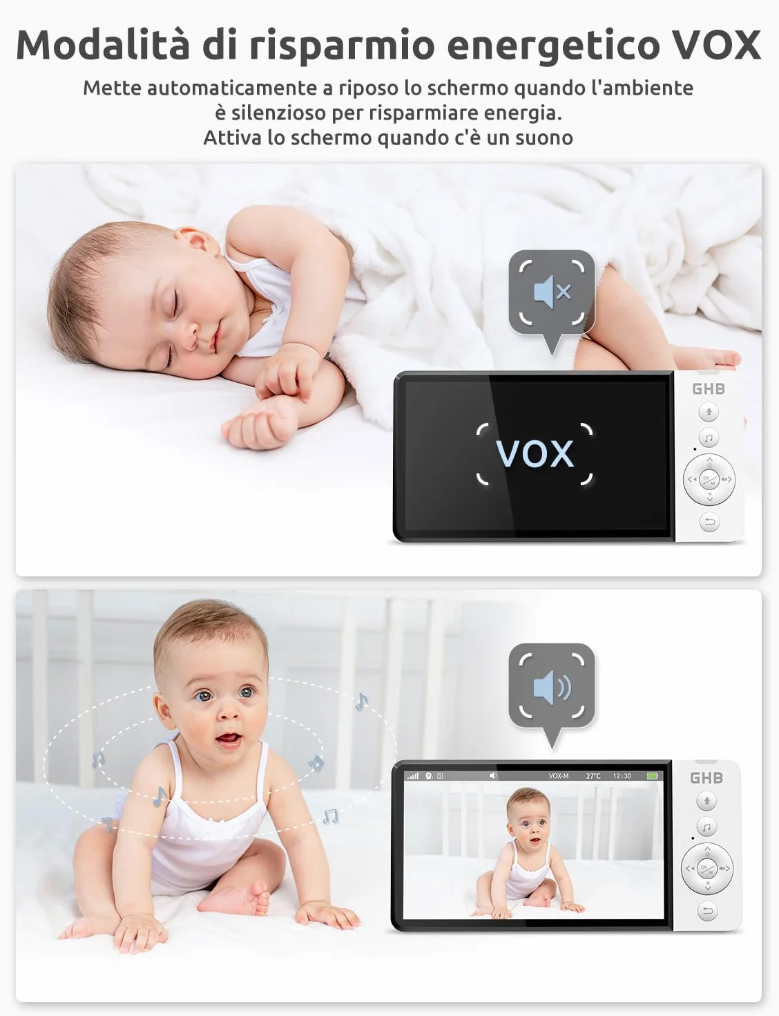 Baby Monitor Video Audio 5" Schermo IPS 5000mAh Visione Notturna Sensore Temperatura VOX Ninnananna