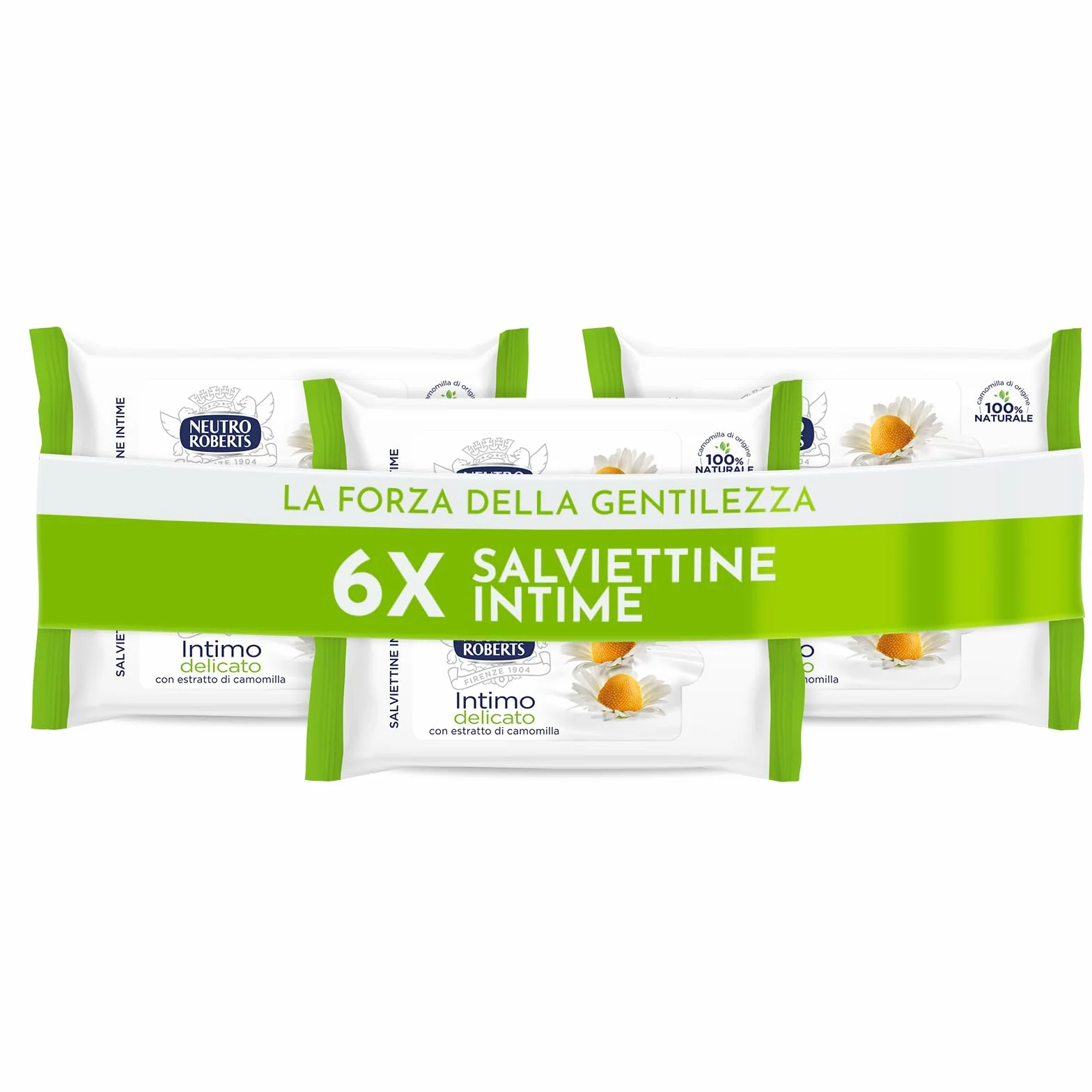 Salviette per Igiene Intimo Neutro Roberts con Camomilla, 100% Naturale, Pelli Sensibili, 6 Pezzi x 12 Salviettine