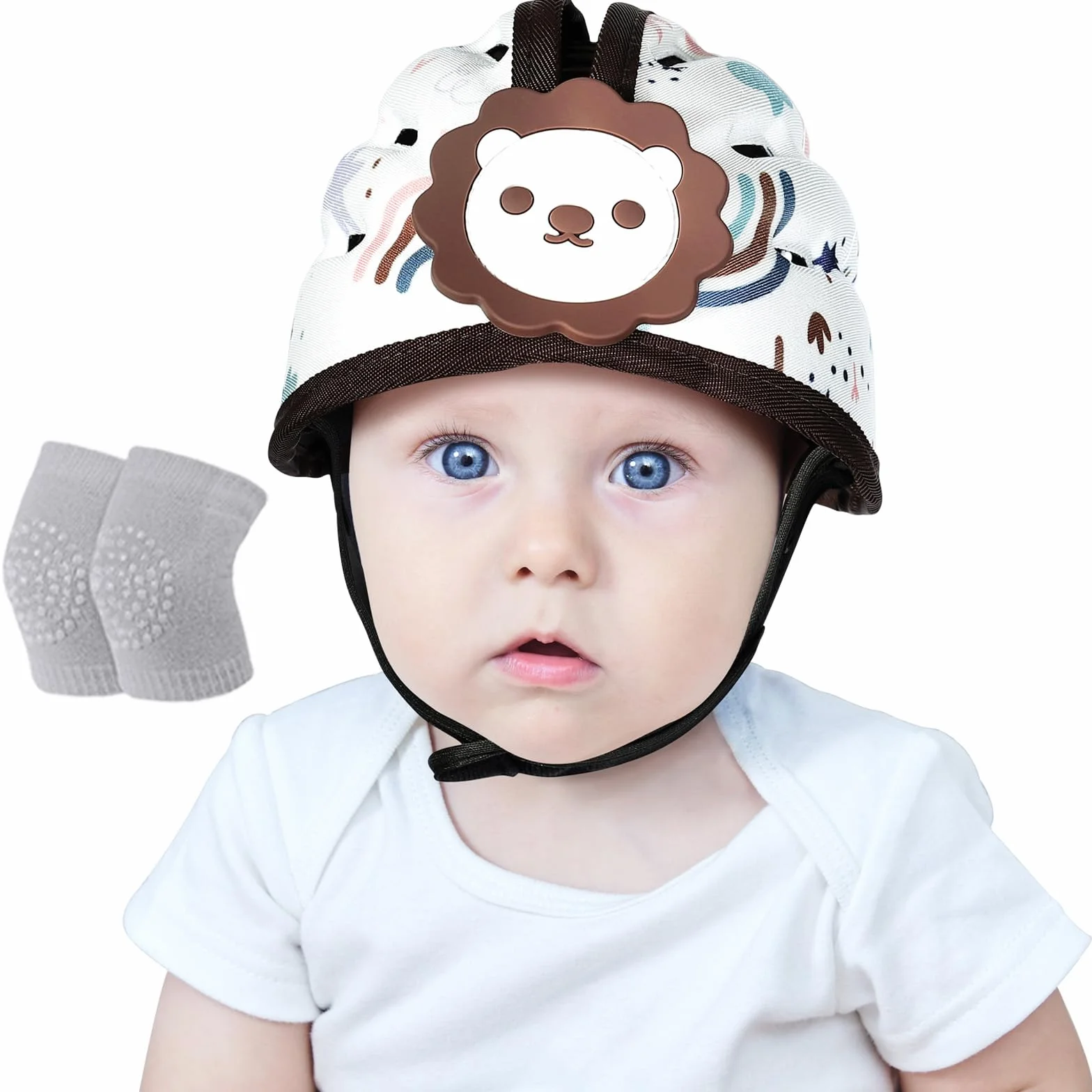 Orzbow Caschetto Primi Passi Traspirante Casco Neonato Paracolpi Leggero Protezione Testa Bambino 6-24 Mesi Marrone Leone