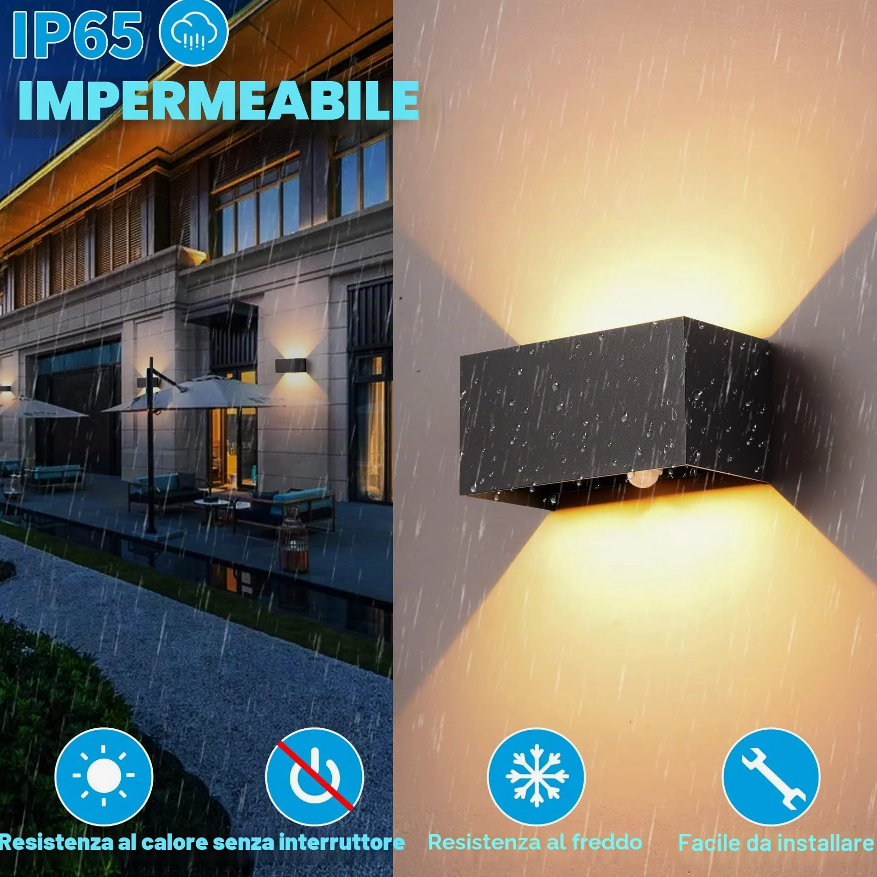 Applique da Parete 24W con Sensore di Movimento LED Moderno Lampada da Parete Esterno Interno Bianco Caldo 3000K Lampade a Muro Angolo del Fascio Regolabile IP65 Impermeabile Aplique Nero in Alluminio