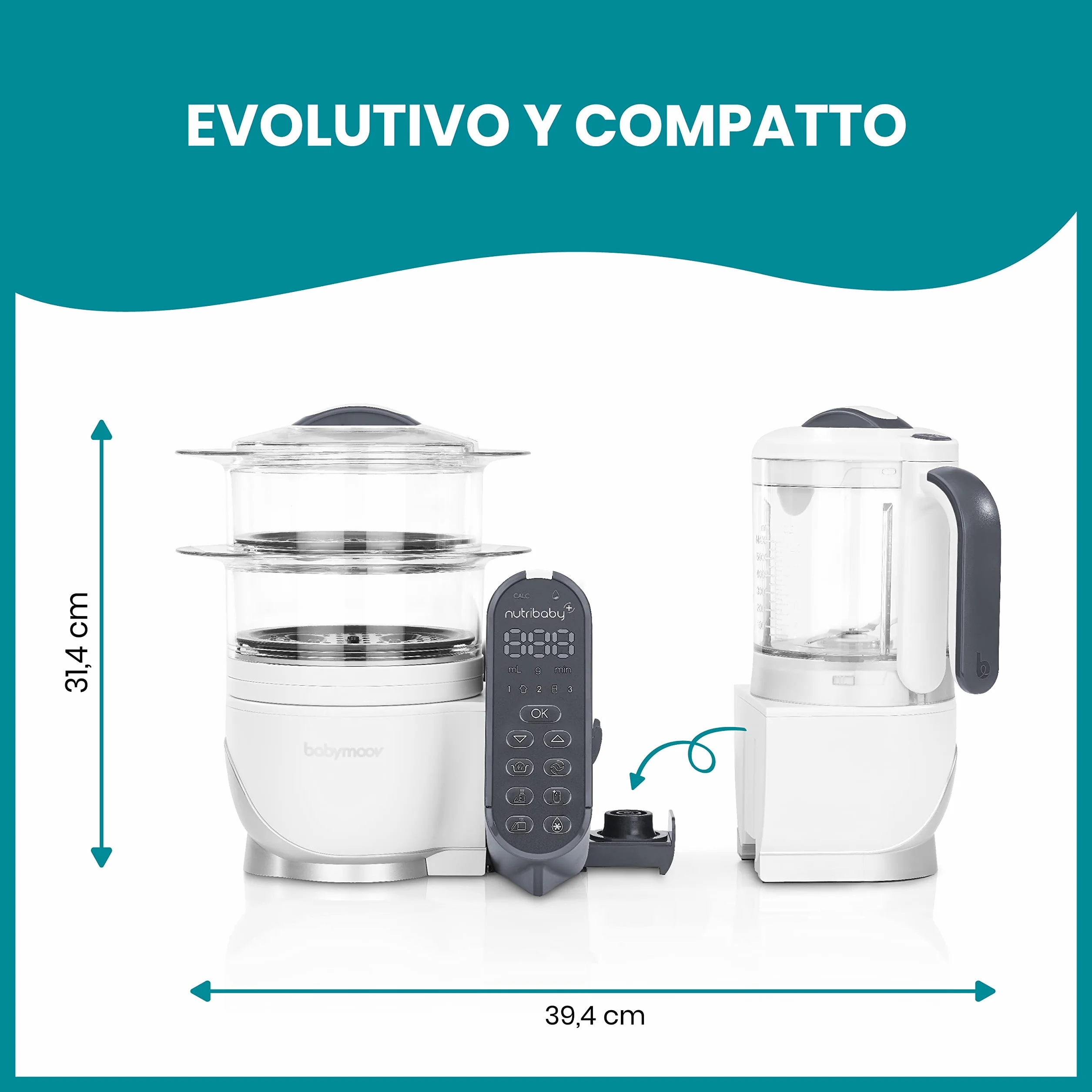 Babymoov Nutribaby+ Cuocipappa Multifunzione 6 in 1 Cuocivapore Frullatore Grande Capacità Bianco
