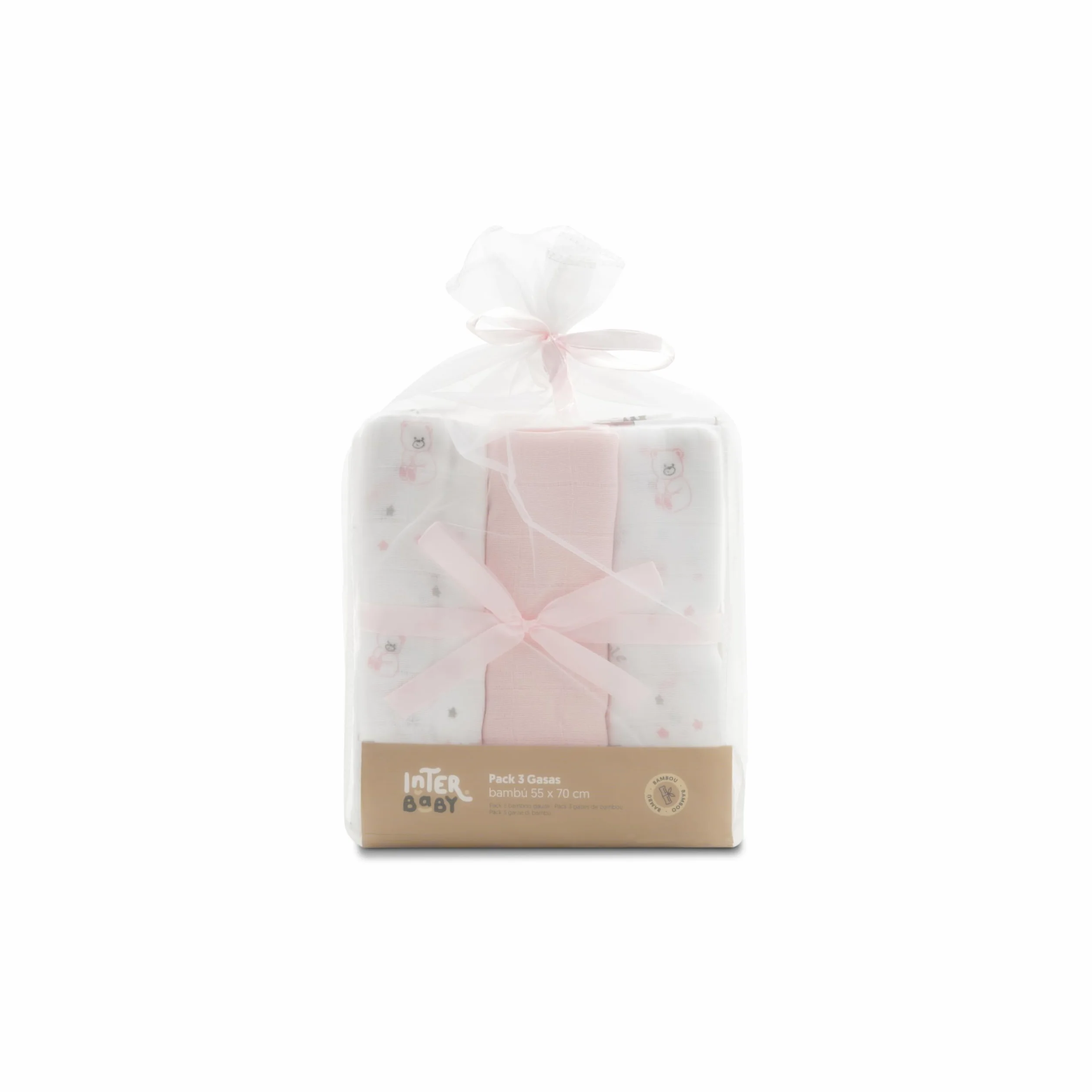 INTERBABY Set di 3 Mussole di Bambù BEAR rosa per neonati 55x70 cm