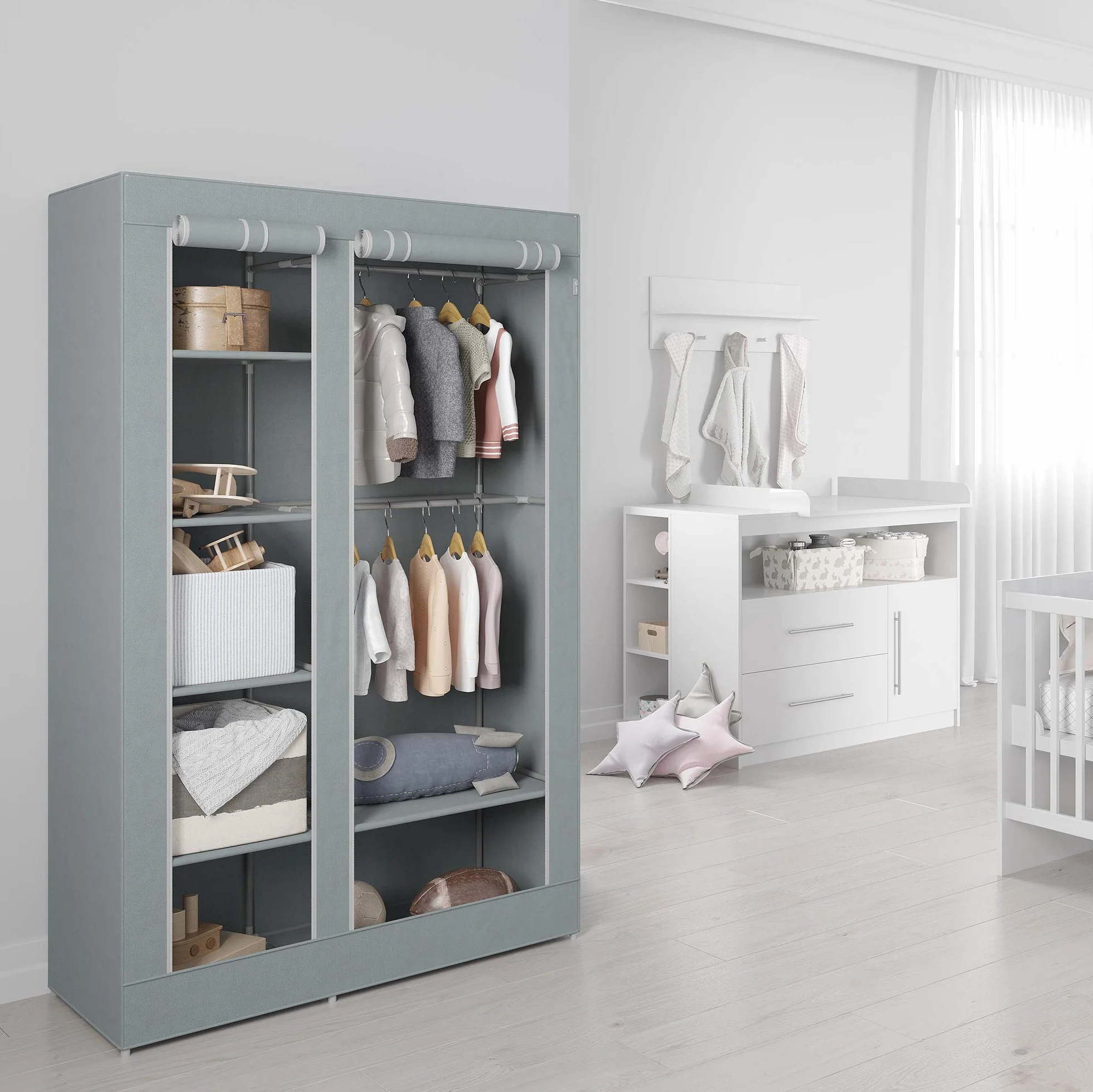roba Armadio in Tessuto Little Stars 175 x 110 x 45 cm 6 Scomparti Grigio