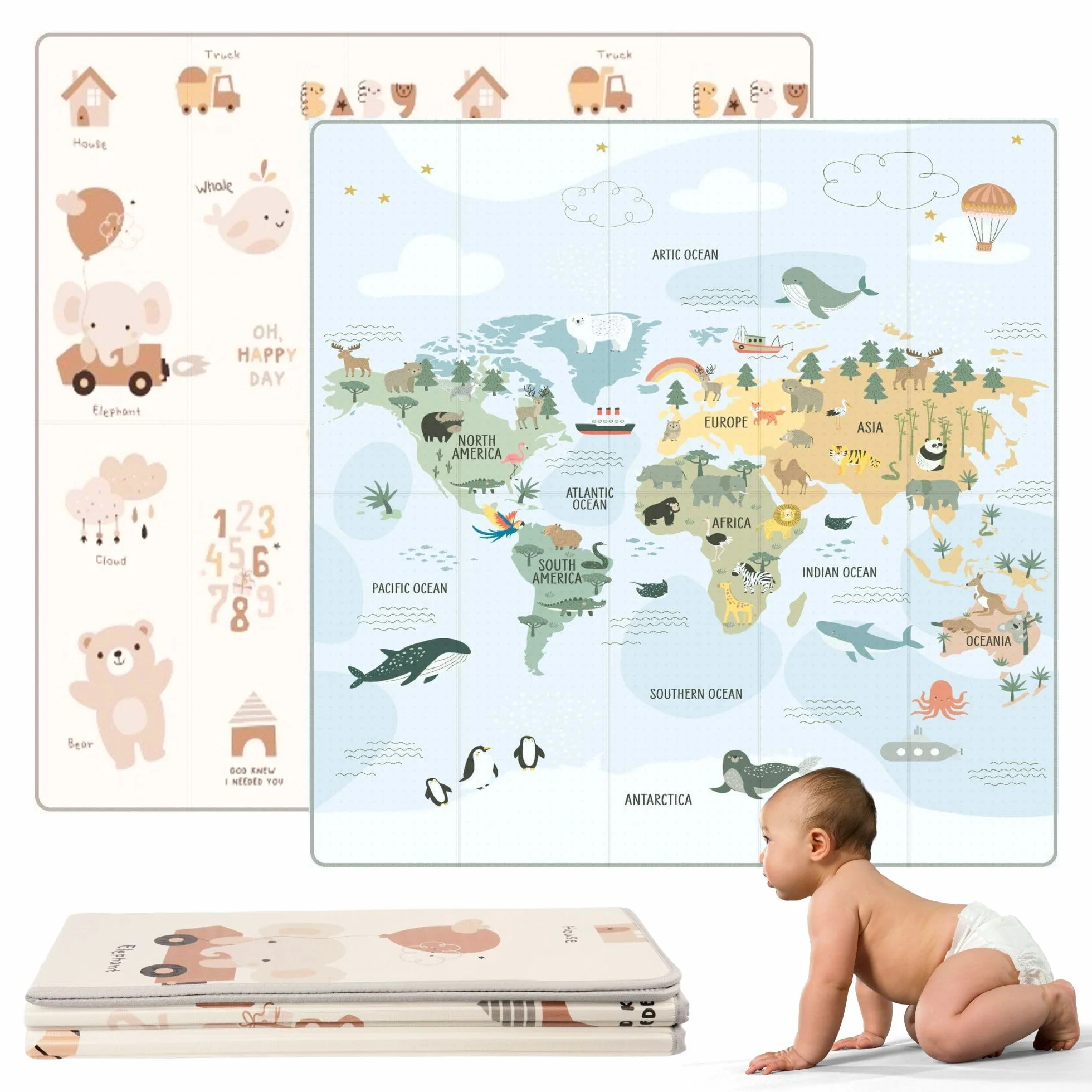 Tappeto Gioco Bambini 200x180 cm Pieghevole Reversible Impermeabile con Bordi Cuciti