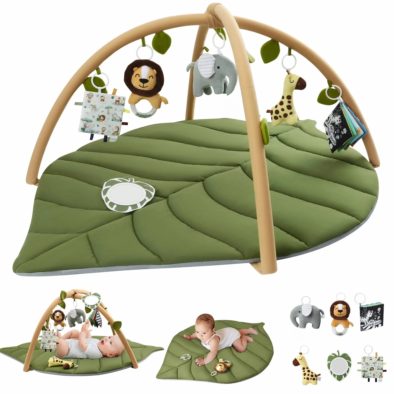Blissful Diary Palestrina Neonato con Arco Rimovibile a Forma di Foglia con 6 Giochi - Sviluppo Sensoriale e Motorio, Regalo Per Neonati, Verde