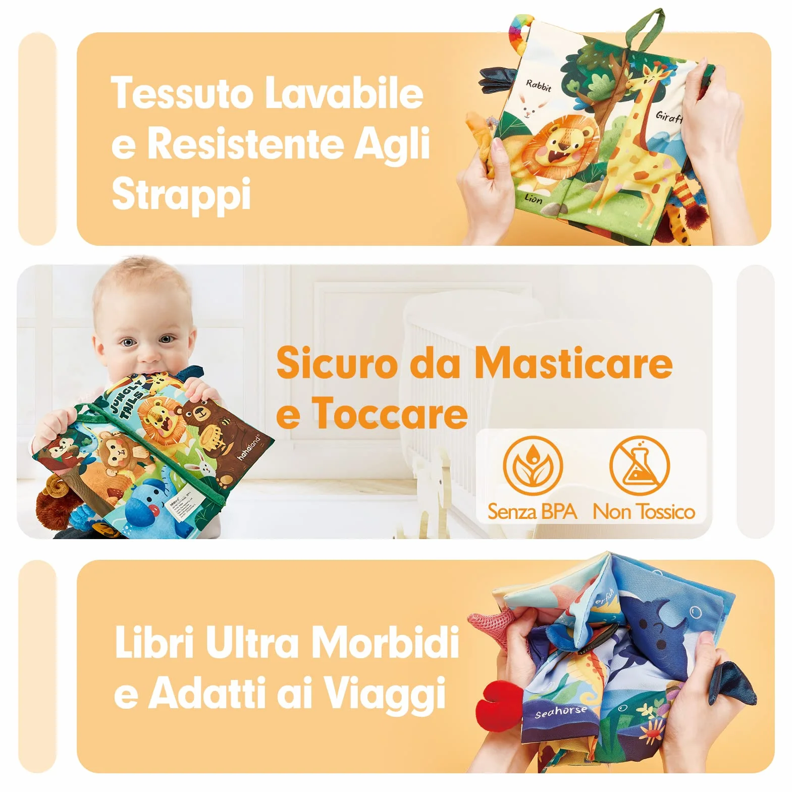 hahaland Libri di Stoffa Neonati 2 Pezzi - Libretti Morbidi Giungla Sensoriali, Libro Tattile per Tummy Time 0-12 Mesi