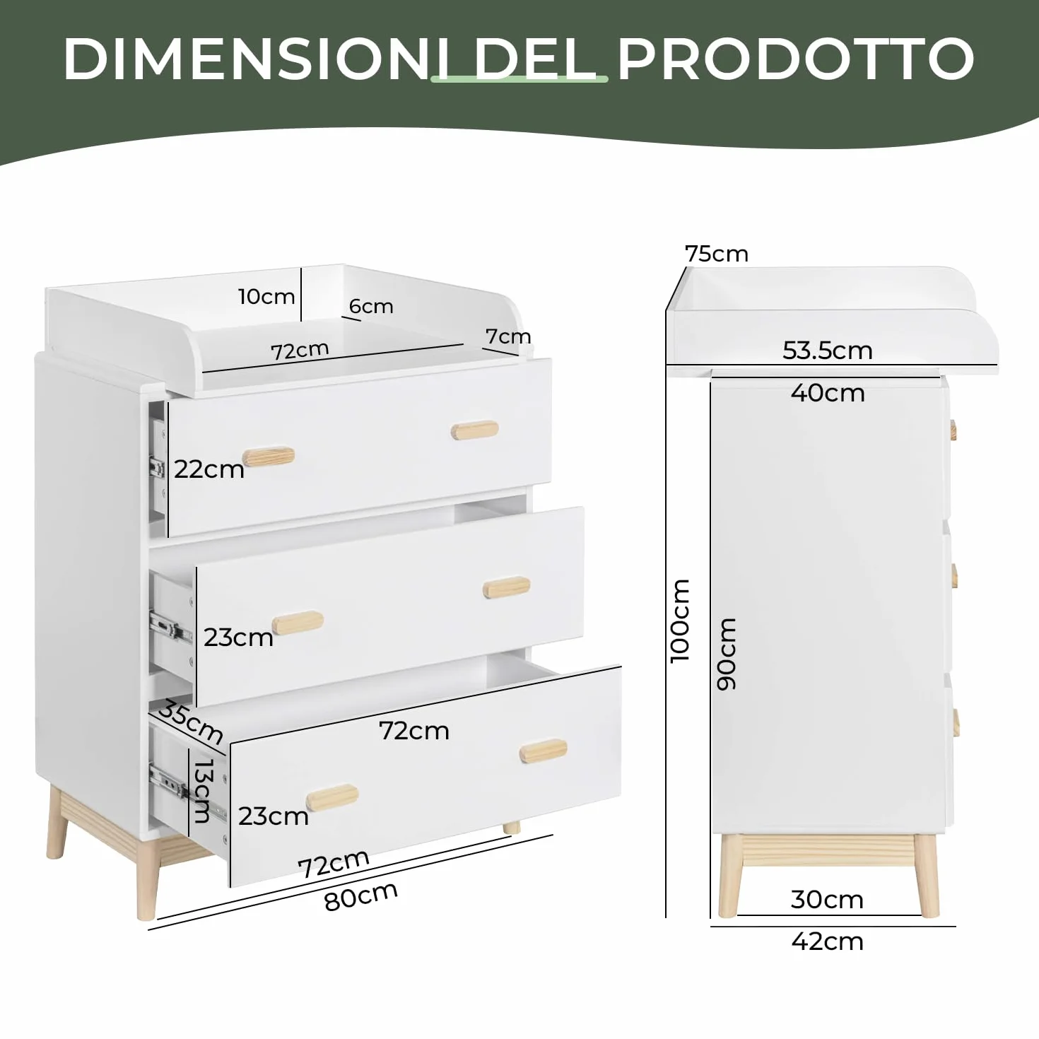 Rebecca Mobili Fasciatoio con Cassetti 3 Cassetti Bianco Marrone MDF Pino 100x80x42 cm