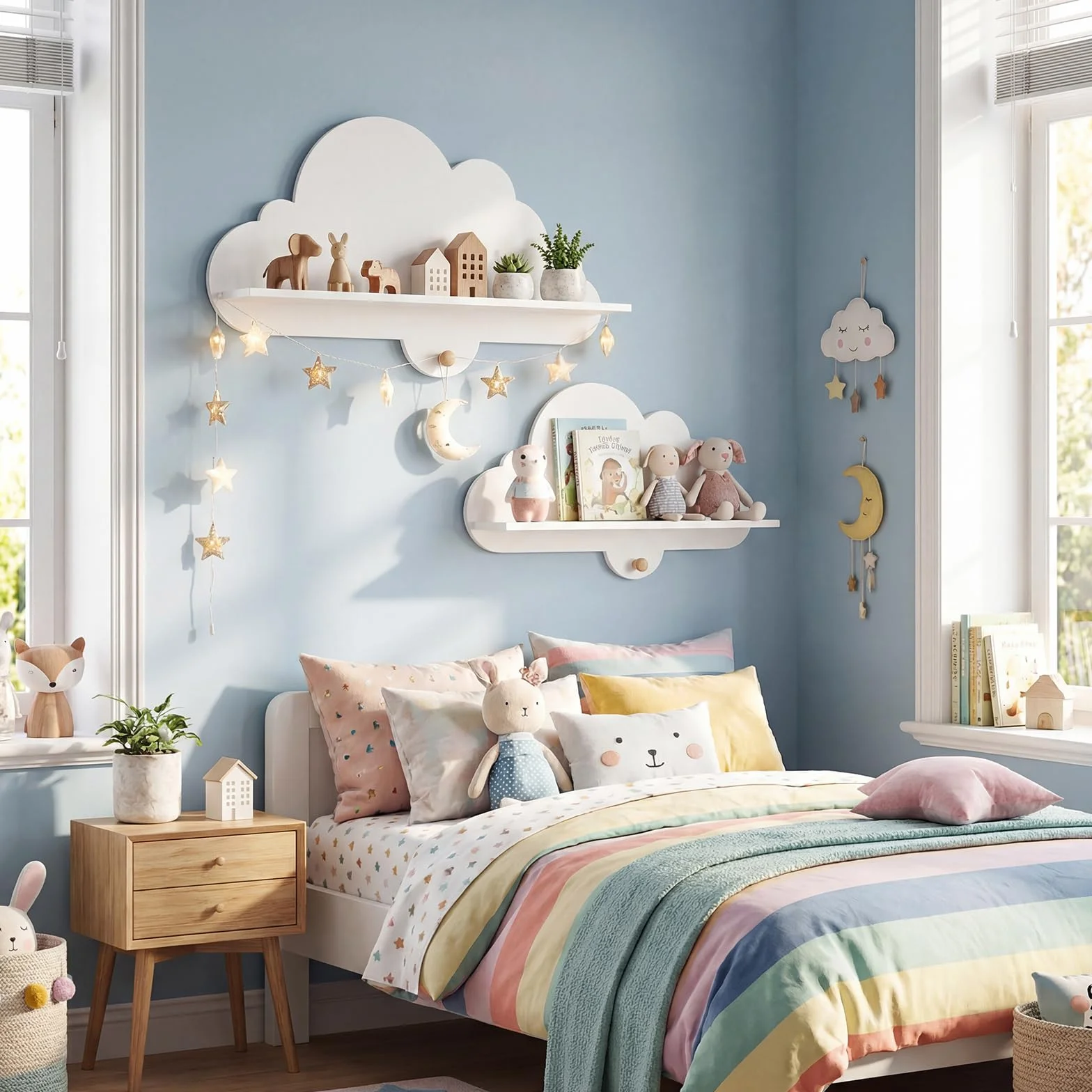 COSTWAY Set di 2 Mensole da Muro per Bambini, Libreria a Nuvole in Legno Massello con Ganci, Bianco