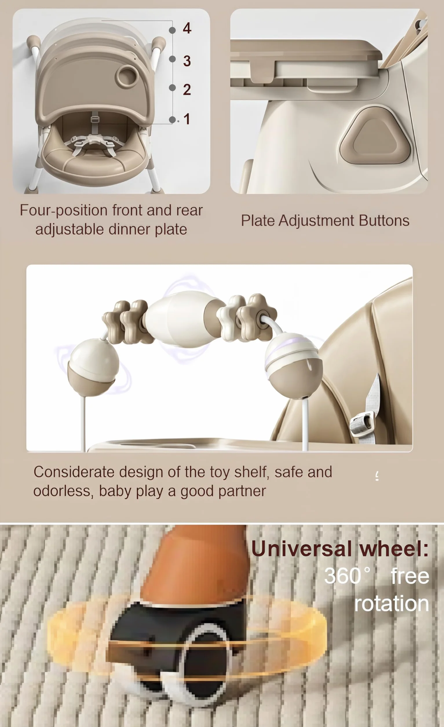 Seggiolone per Bambini Multifunzionale con Oscillazione e Schienale Regolabile 3 Velocità Doppi Vassoi Staccabili Ruote (560 Khaki)
