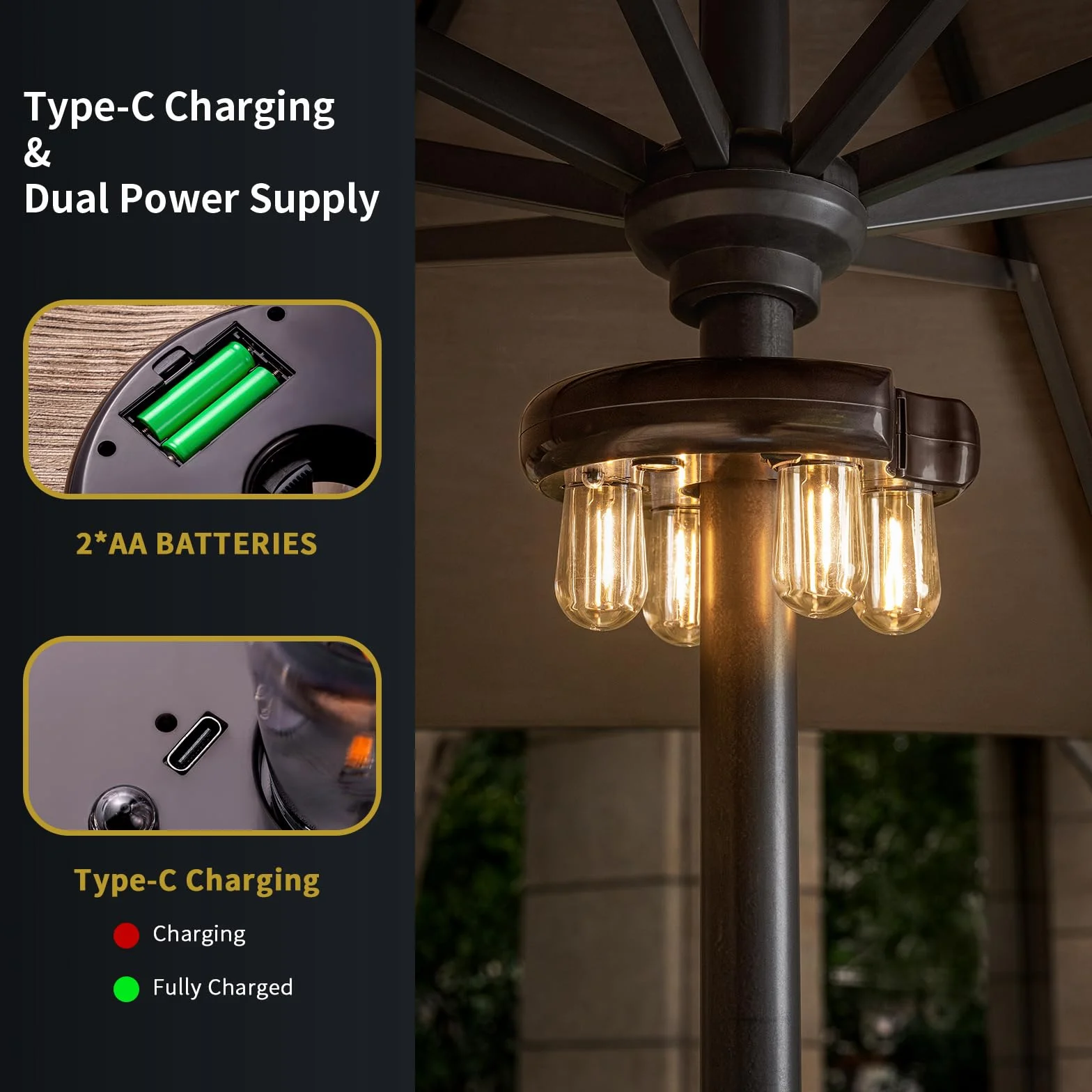 Luce per ombrellone da patio con telecomando, ricaricabile senza fili, luce per palo con lampadine LED Edison a 10 livelli di luminosità per giardino, patio, cortile, campeggio o barbecue