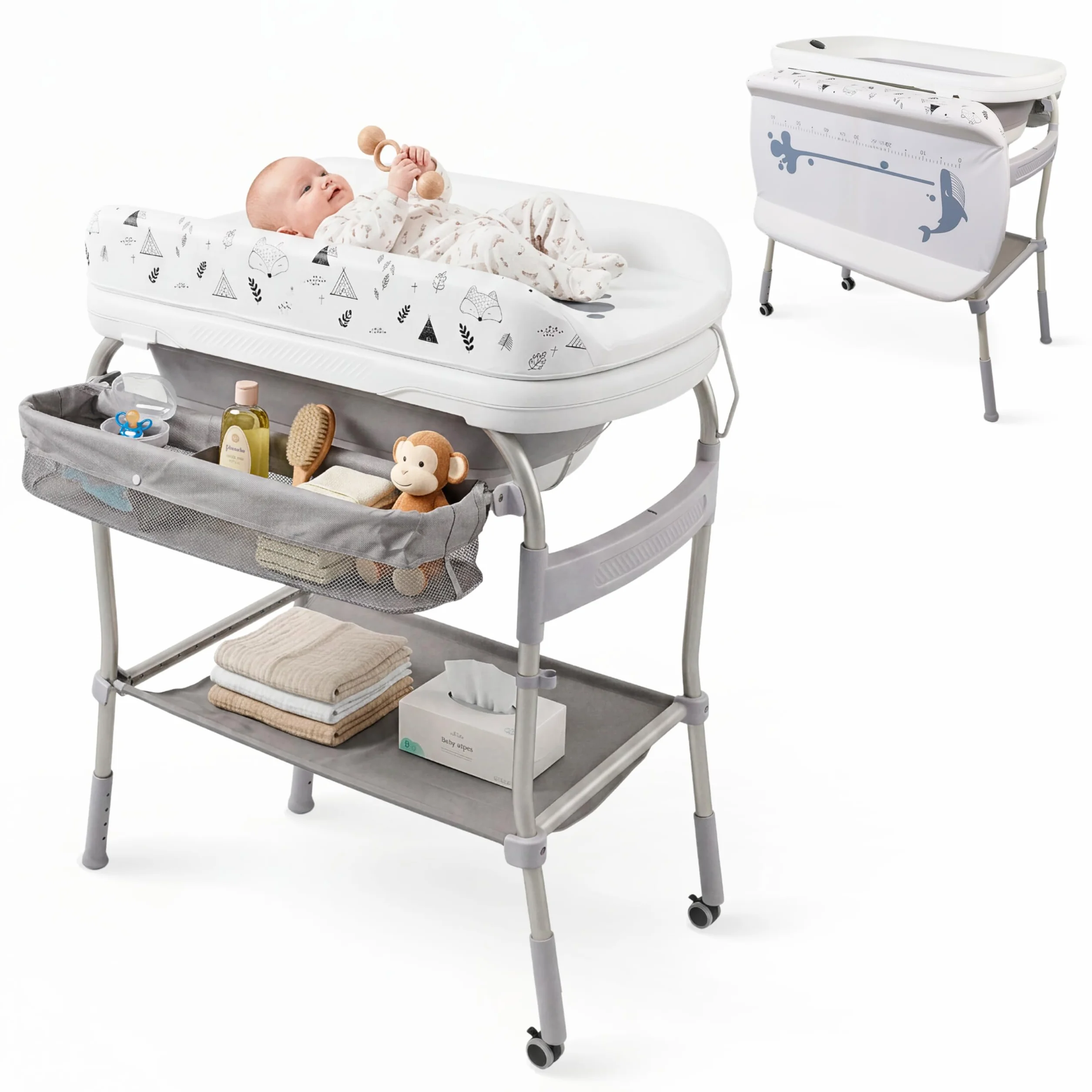 Mobiclinic Fasciatoio con vaschetta bagnetto 2 in 1, Regolabile 4 altezze, Fino a 50 kg, 0-36 mesi