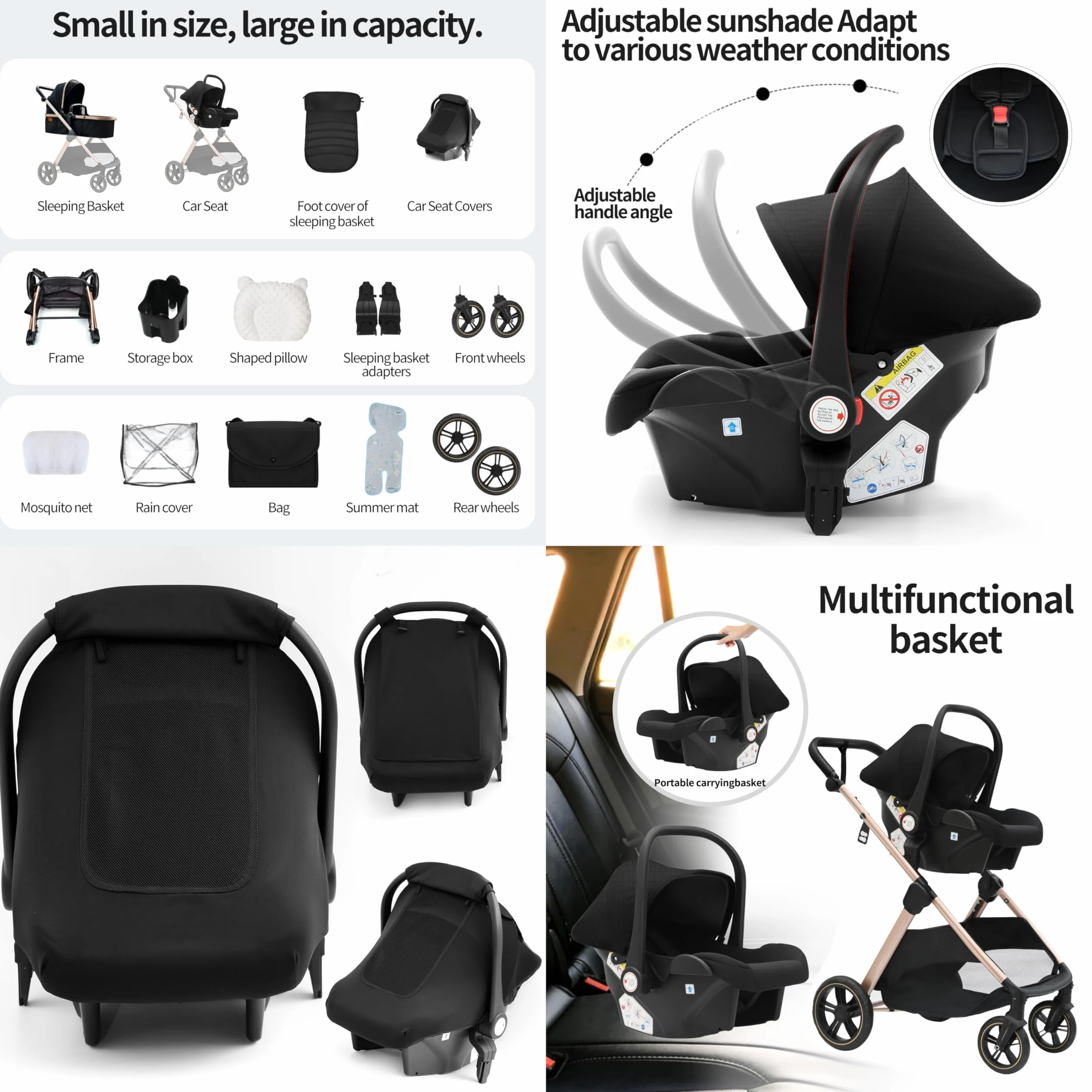 Passeggino Trio 3 in 1 Pieghevole in Un Clic con Telaio in Lega di Alluminio V10 Black