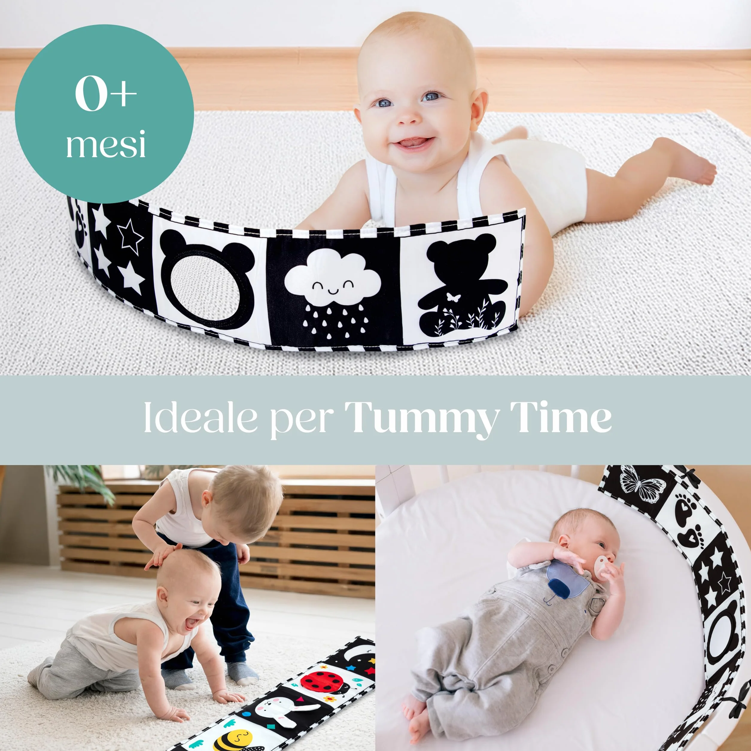 Libro Sensoriale Neonati con Specchio Teddy - Libro Bianco e Nero Stoffa Montessori, Ultra Morbido Lavabile per Sviluppo Visivo 0-12 Mesi